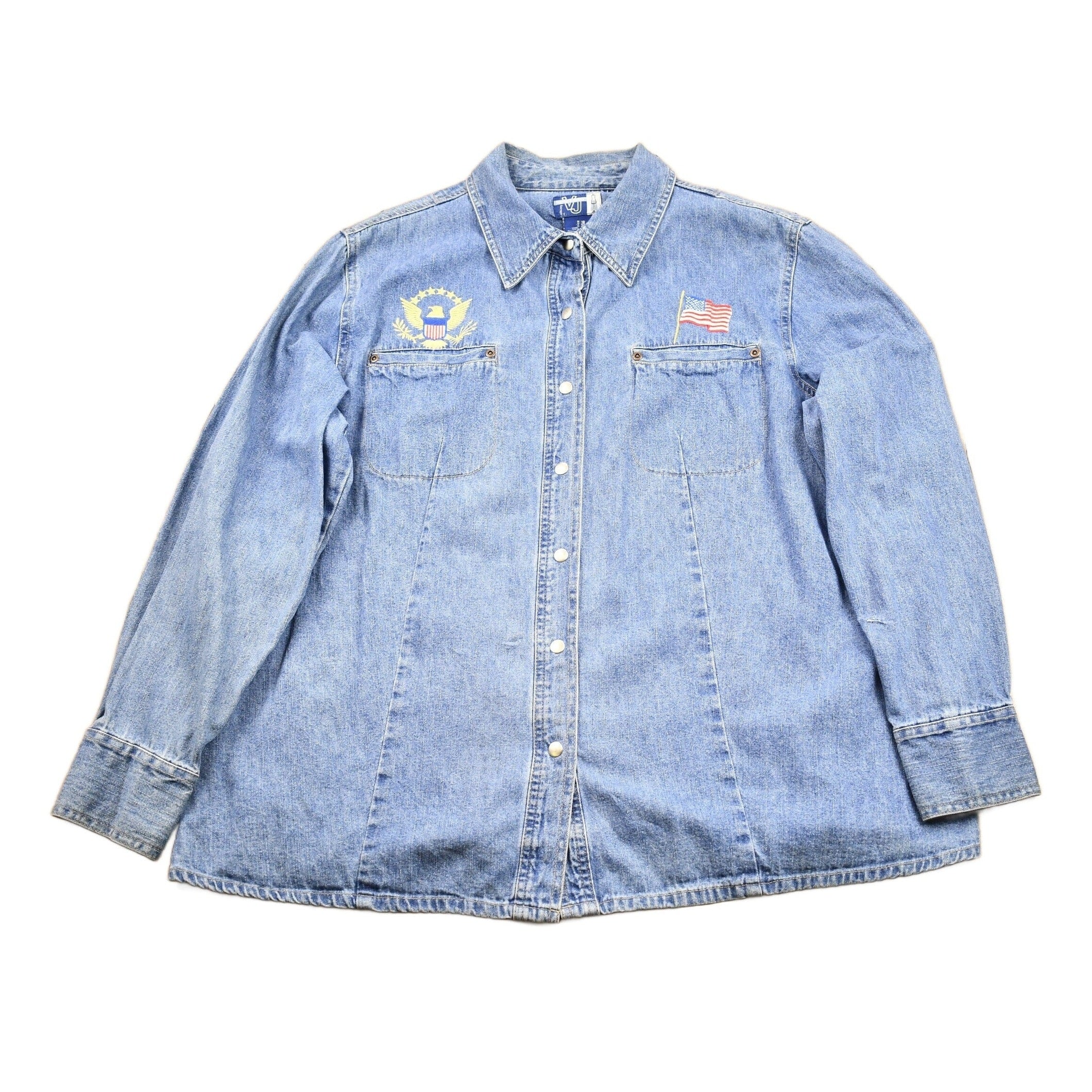 Venezia 1990s Embroidered Denim Snap Button Jean Shirt Men's L