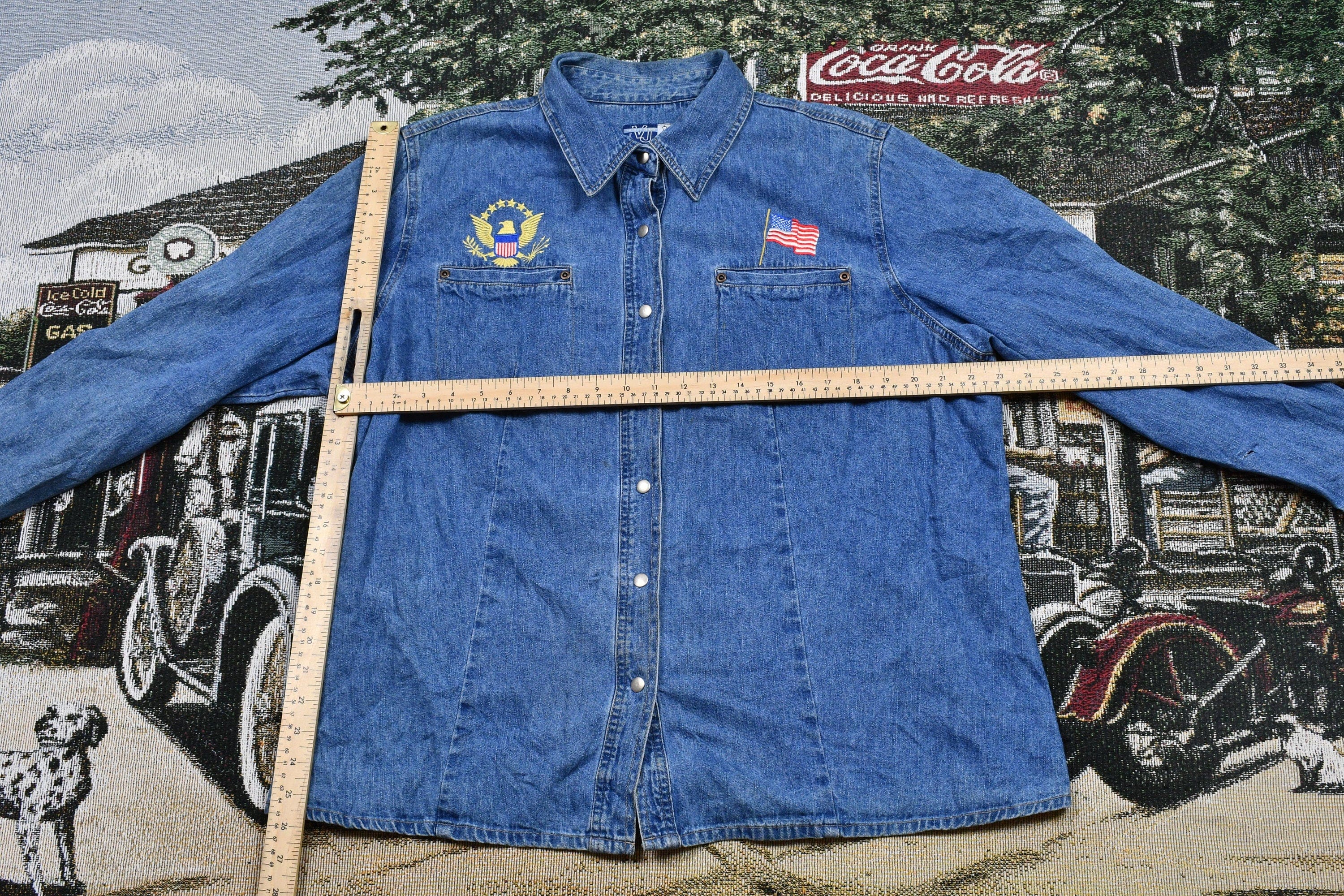Venezia 1990s Embroidered Denim Snap Button Jean Shirt Men's L - Image 5