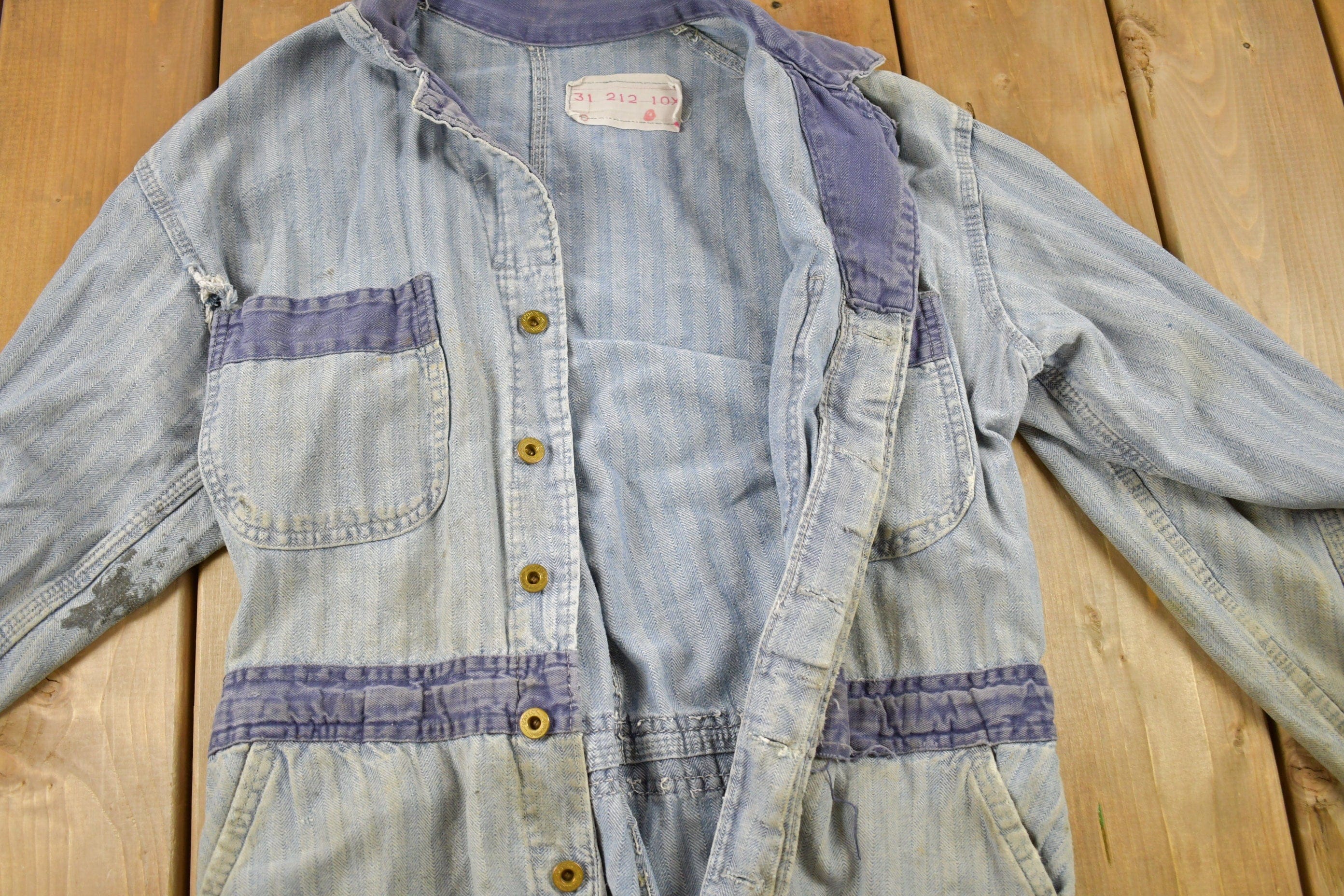 Vintage 1930s Perfect Union Made Distressed Denim Button Down Jumpsuit Men's 38 x 28 - Image 5