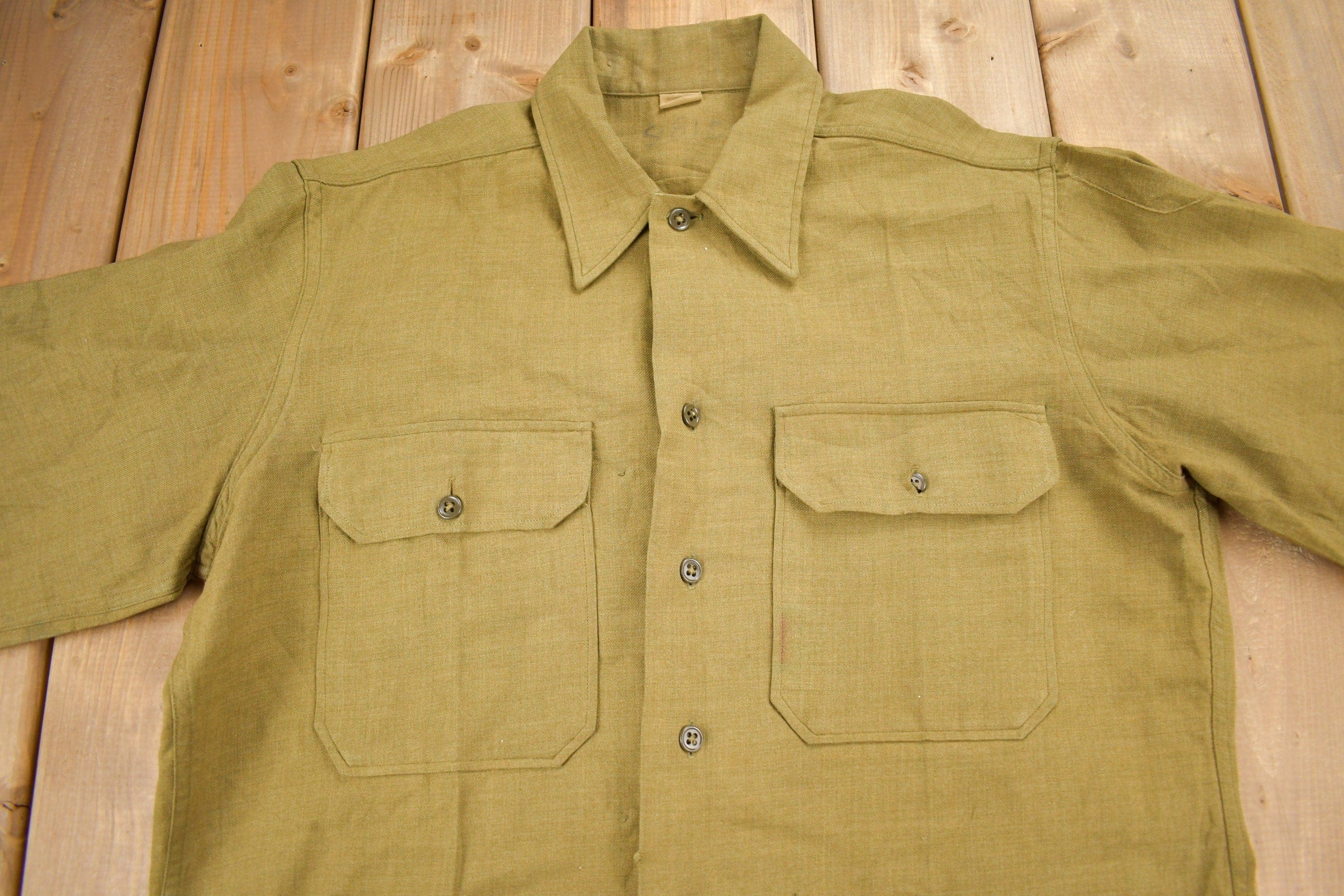 Vintage 1940s Military Button Up Shirt Men's Large - Image 3