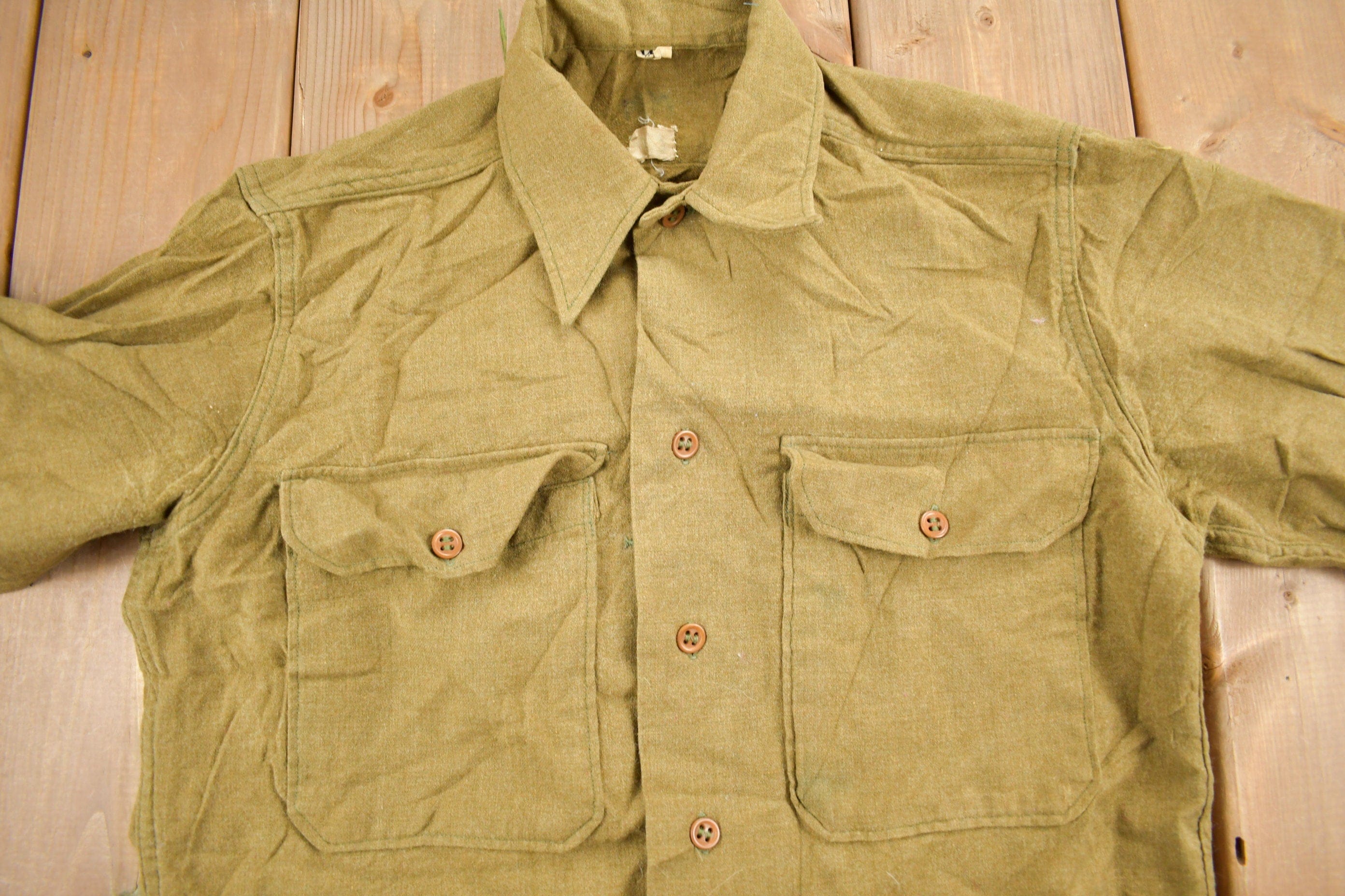 Vintage 1940s Military Button Up Shirt Men's Medium - Image 3