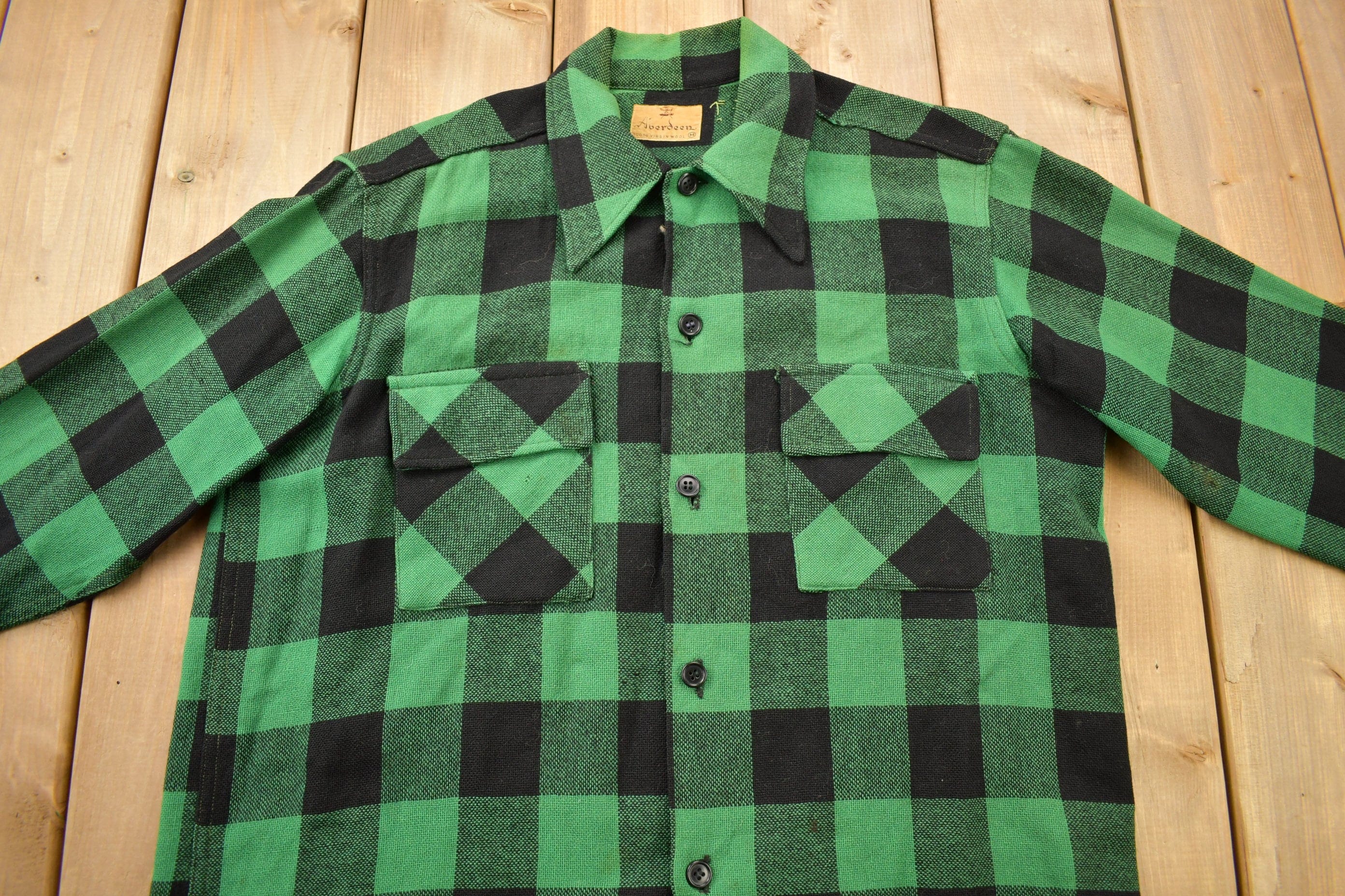 Vintage 1950s Aberdeen Green Buffalo Plaid Wool Button Up Shirt - Image 3
