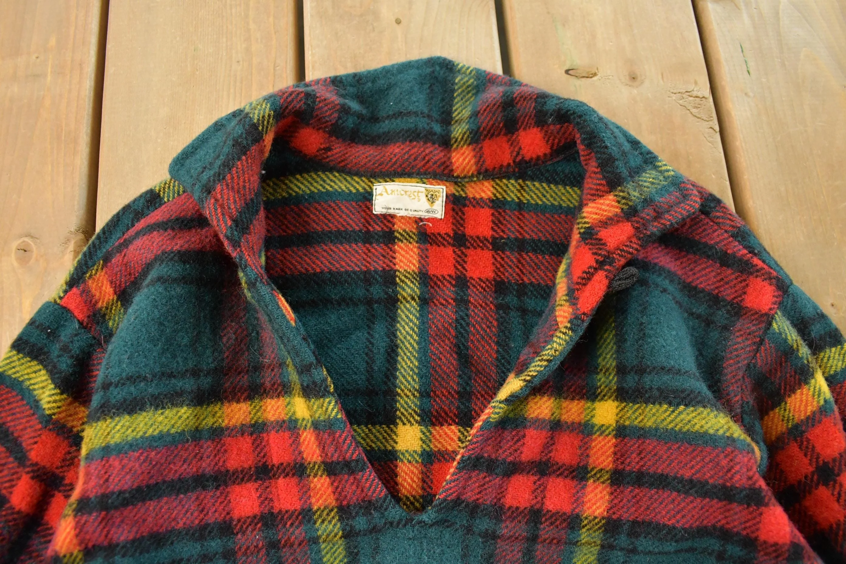 Vintage 1950s Amcrest Tartan Plaid Rangers Pullover Button Up Wool Shirt Men's Medium - Image 3