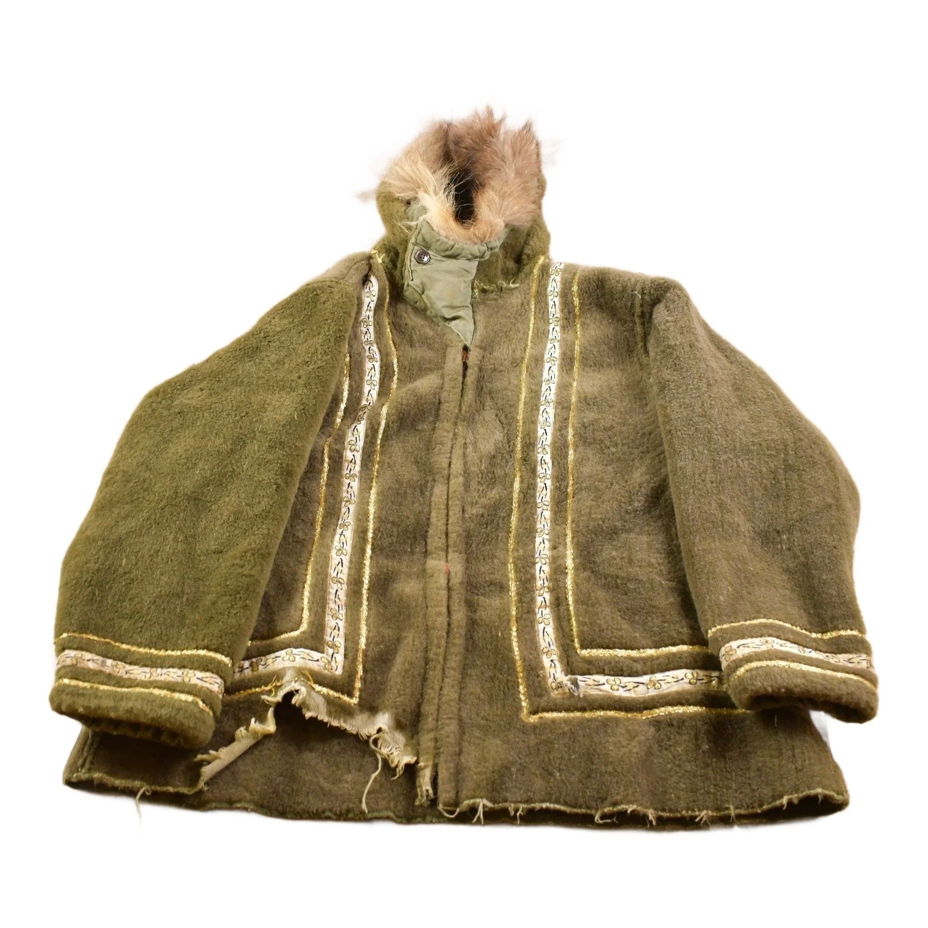Vintage 1950s Embroidered Fleece Jacket With Fur Hood Men's Large