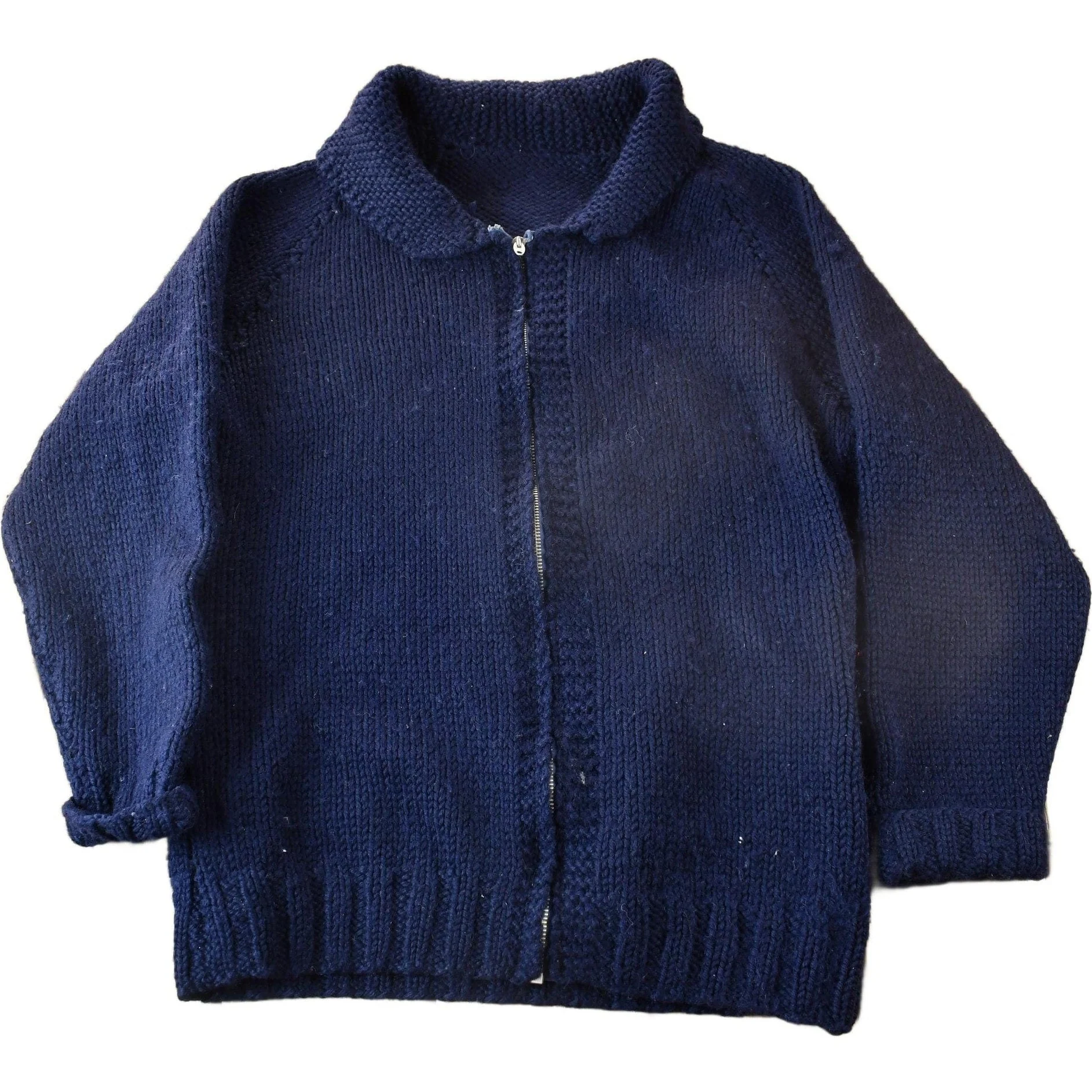 Vintage 1950s Hand-Knit Blank Navy Blue Cowichan Sweater Men's Medium