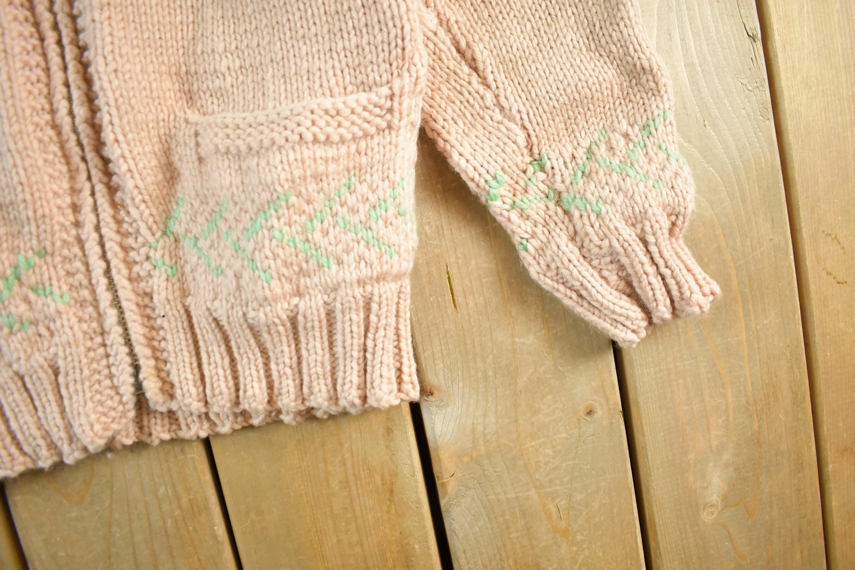 Vintage 1950s Hand-Knit Pink Zip Up Cowichan Sweater Women's Medium - Image 5