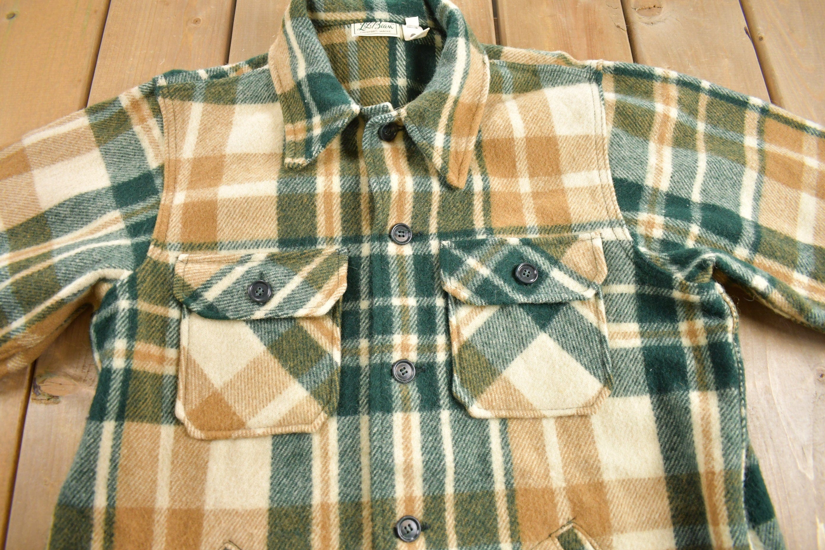 Vintage 1950s LL Bean Plaid Wool Button Up Shacket Men's Large - Image 3
