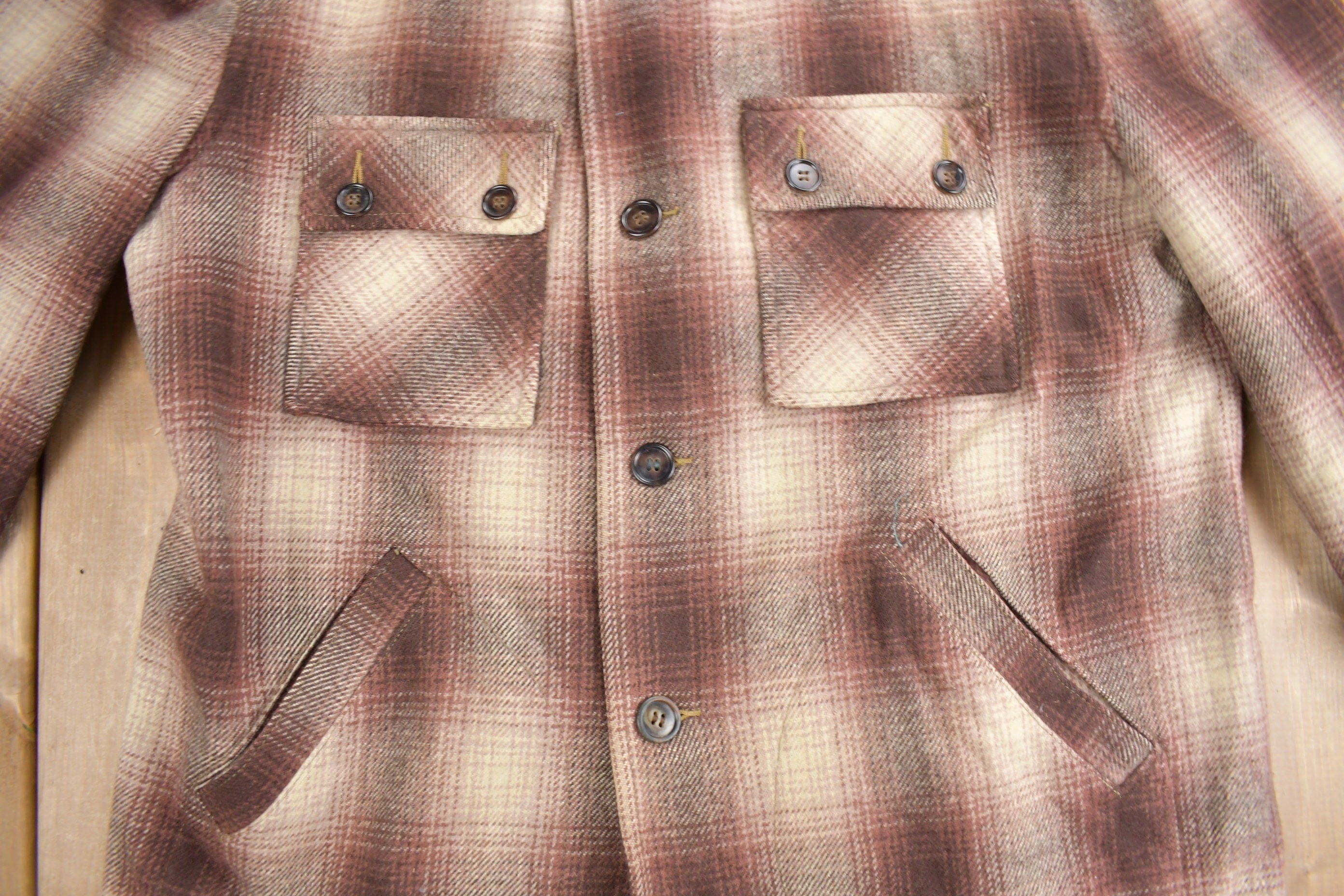 Vintage 1950s Merrill Woolens Shadow Plaid Wool Shacket Men's XL - Image 3