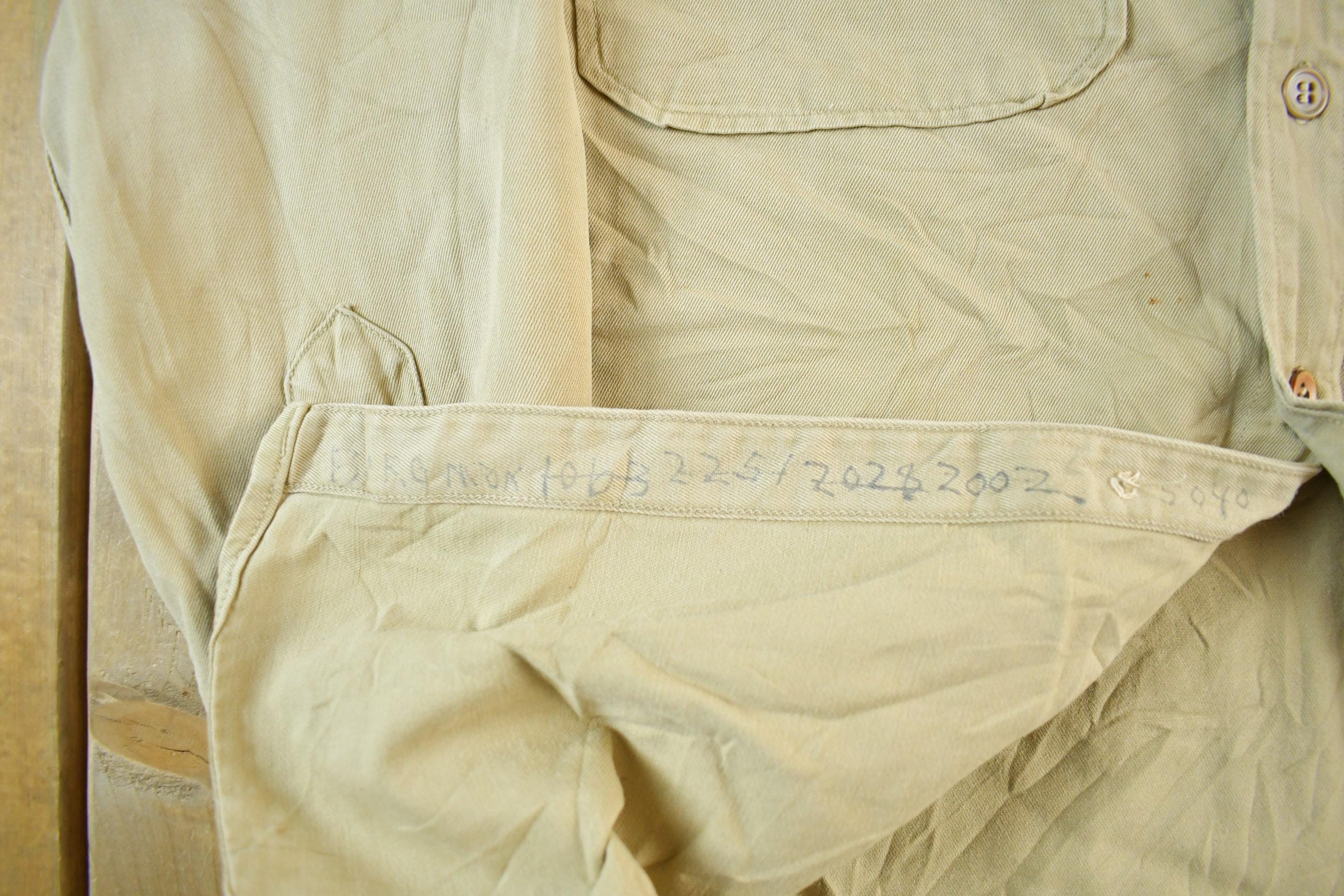 Vintage 1950s Military Khaki Button Up Shirt Men's Large - Image 7