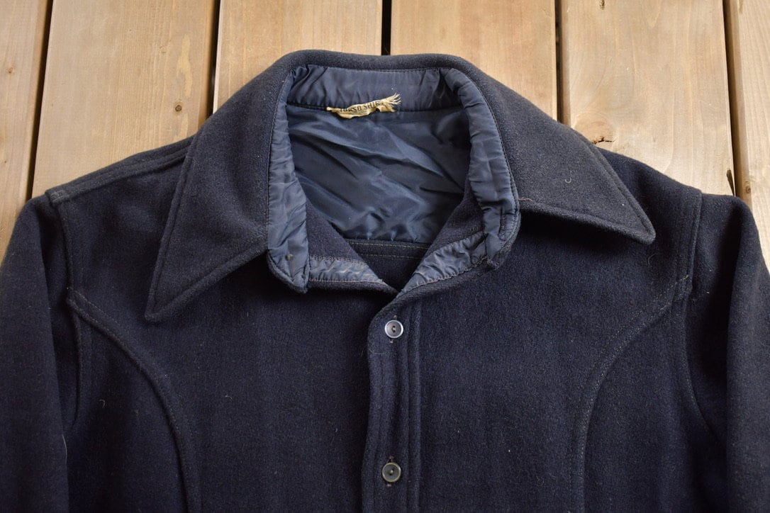 Vintage 1950s Navy Blue Wool Button Up Shirt Men's Large - Image 3