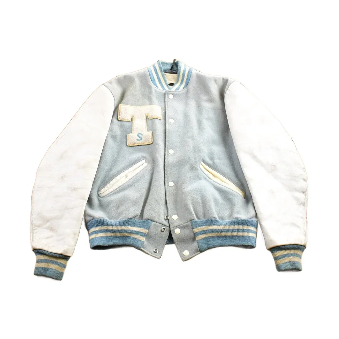 Vintage 1950s Thronridge Highschool Leather & Wool Embroidered Varsity Jacket Made In USA