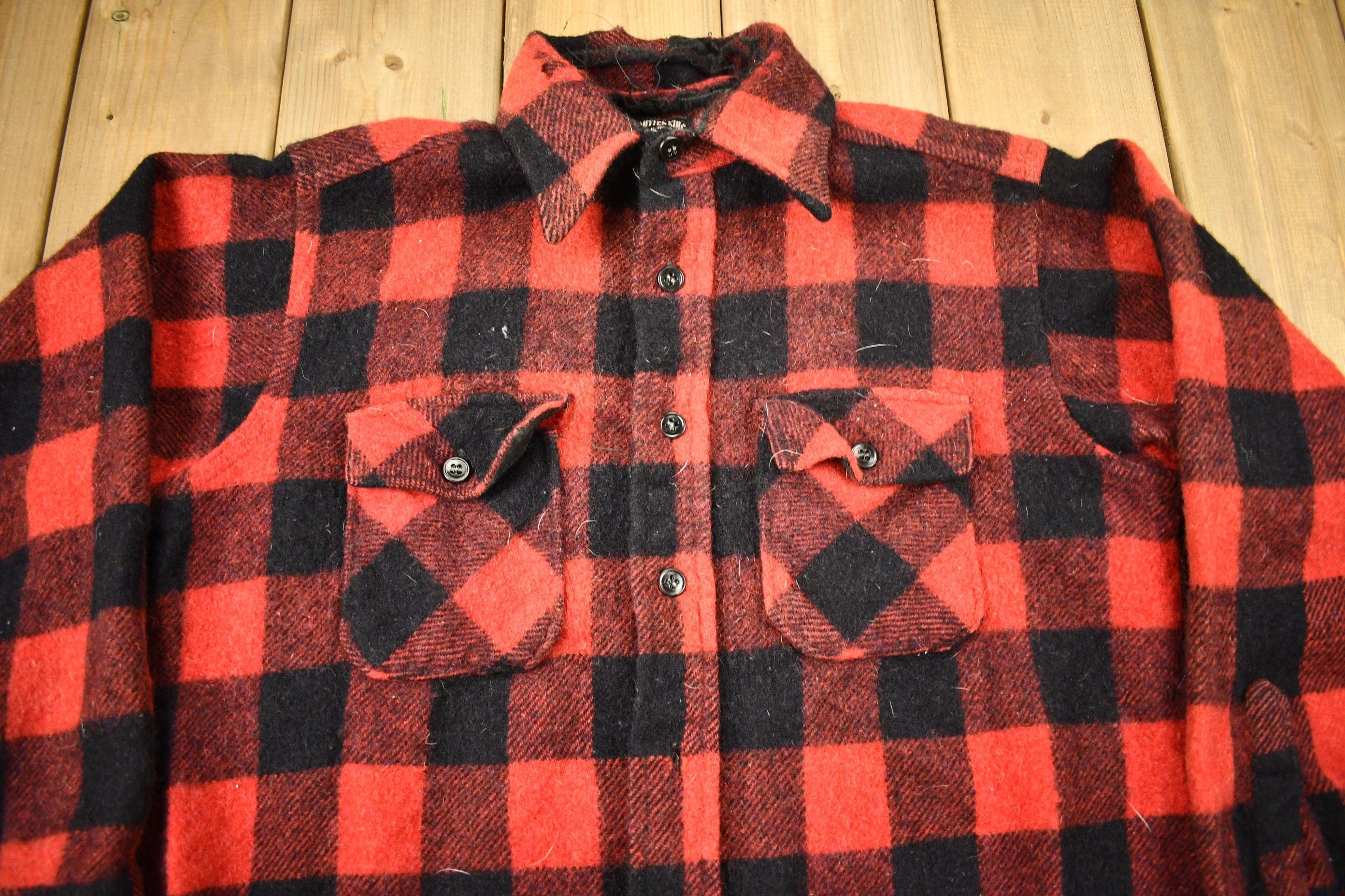 Vintage 1950s Winter King Buffalo Plaid Wool Button Up Shirt Men's Large - Image 3