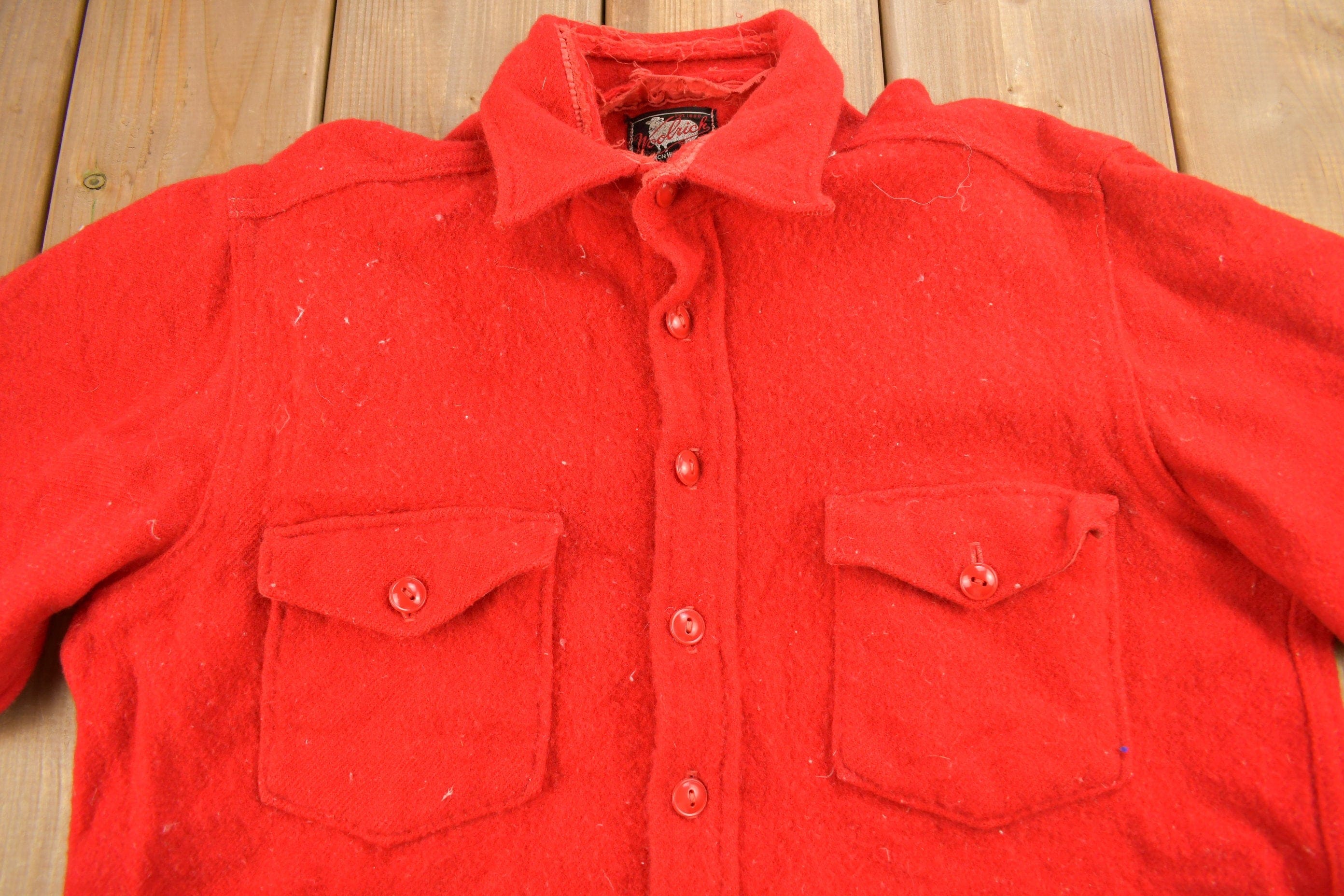 Vintage 1950s Woolrich Red Wool Button Up Shirt Men's Large - Image 3