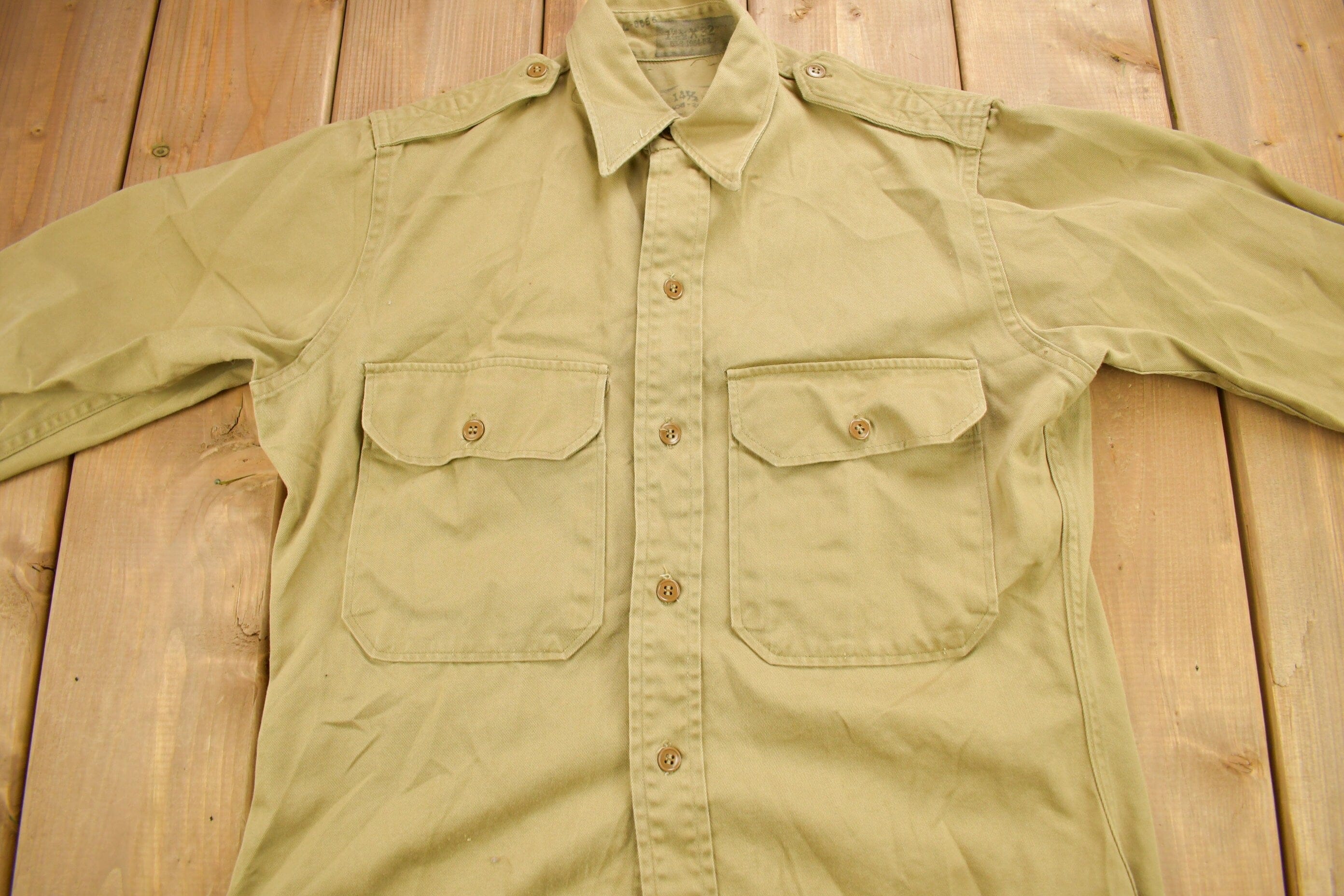 Vintage 1952 Military Khaki-1 Stand-Up Collar Button Up Shirt Men's Large - Image 3