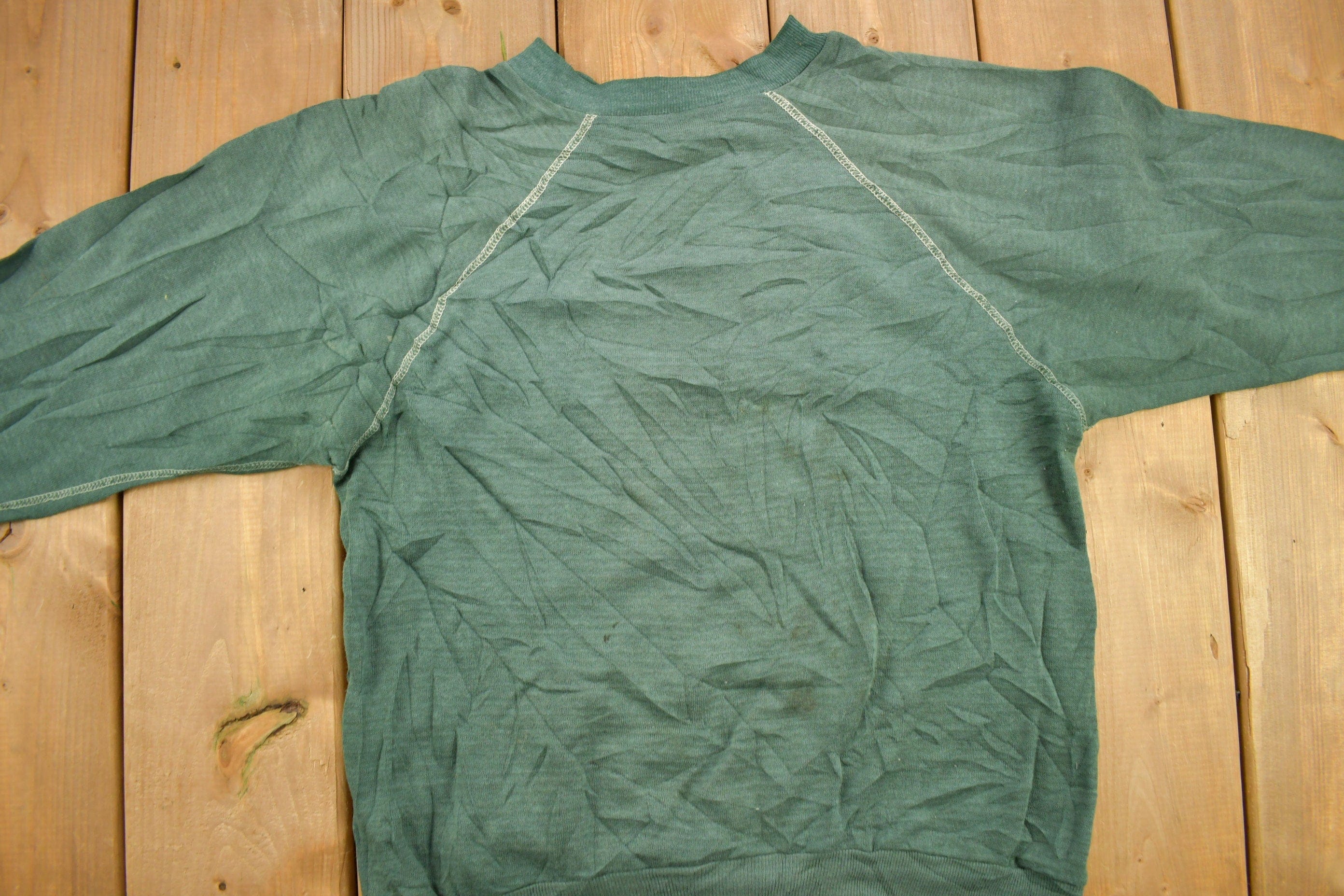 Vintage 1960s Blank Faded Forest Green Crewneck Sweatshirt Men's XS - Image 3