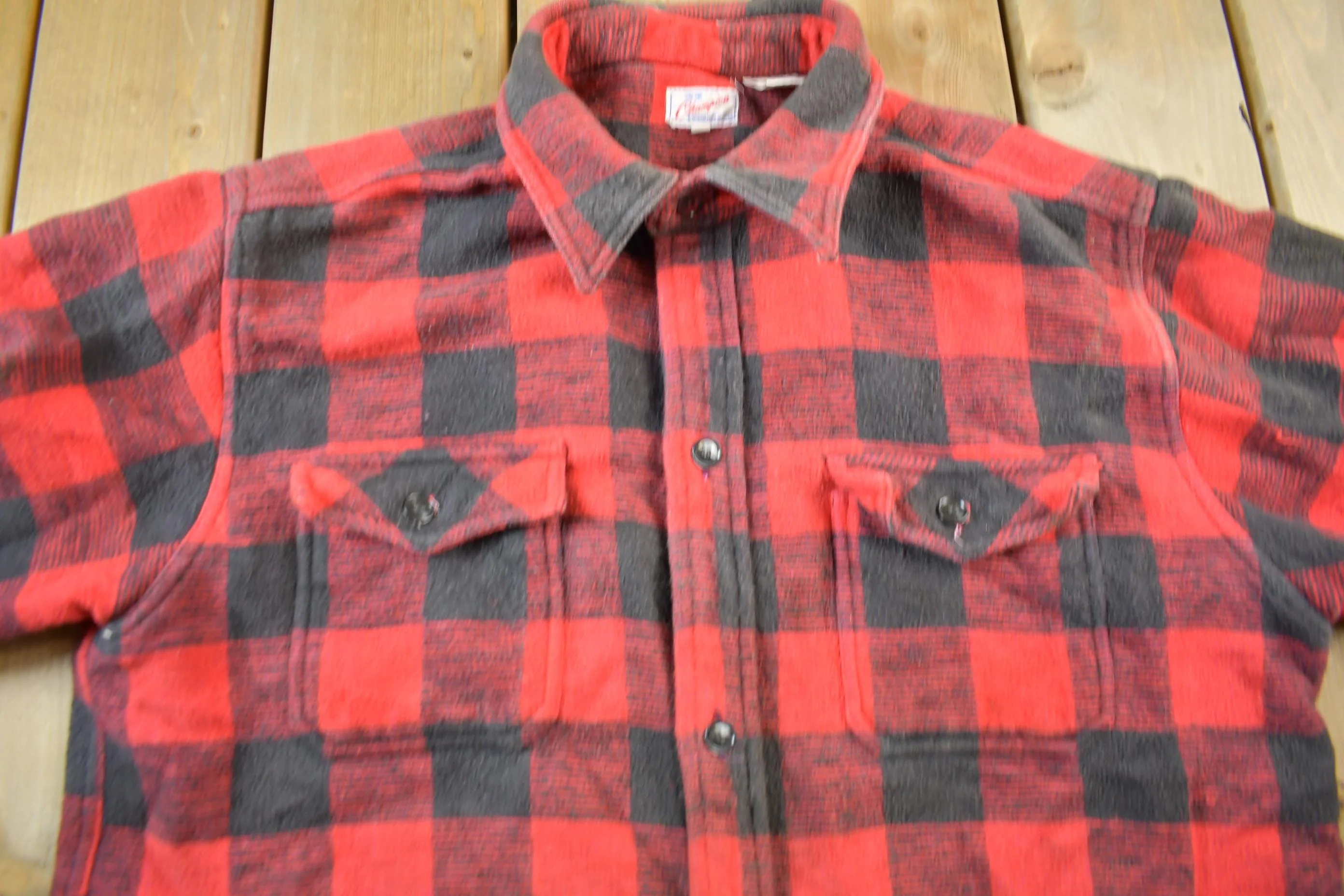 Vintage 1960s Champion Button Up Plaid Flannel Trucker Shirt Men's Large - Image 3