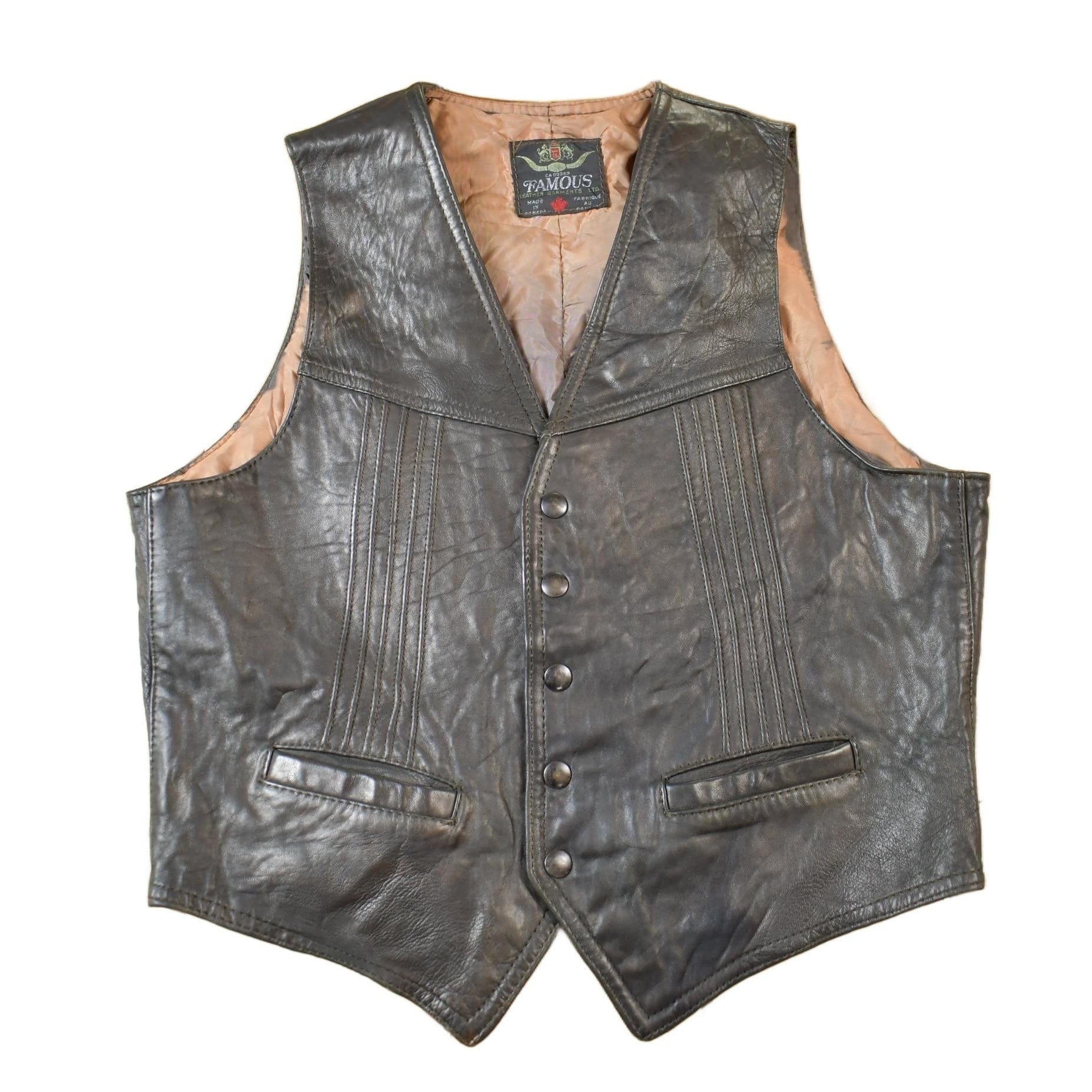 Vintage 1960s Famous Leather Garments Leather Vest Men's S