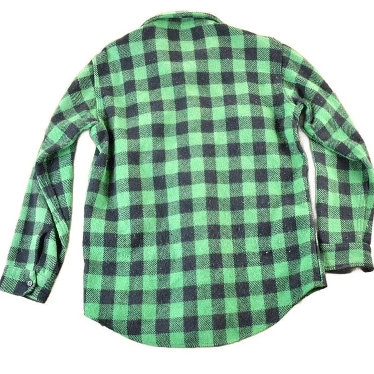 Vintage 1960s Melton Plaid Button Up Shirt Mens L - Image 2