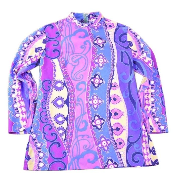Vintage 1960s Swinging London mock turtleneck Abstract Pattern Tunic Dress Women's S