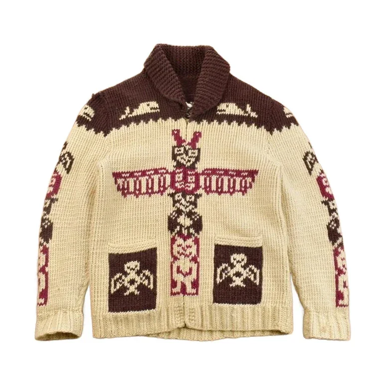 Vintage 1960s Totem Pole Cowichan Knit Cardigan Sweater Men's Large