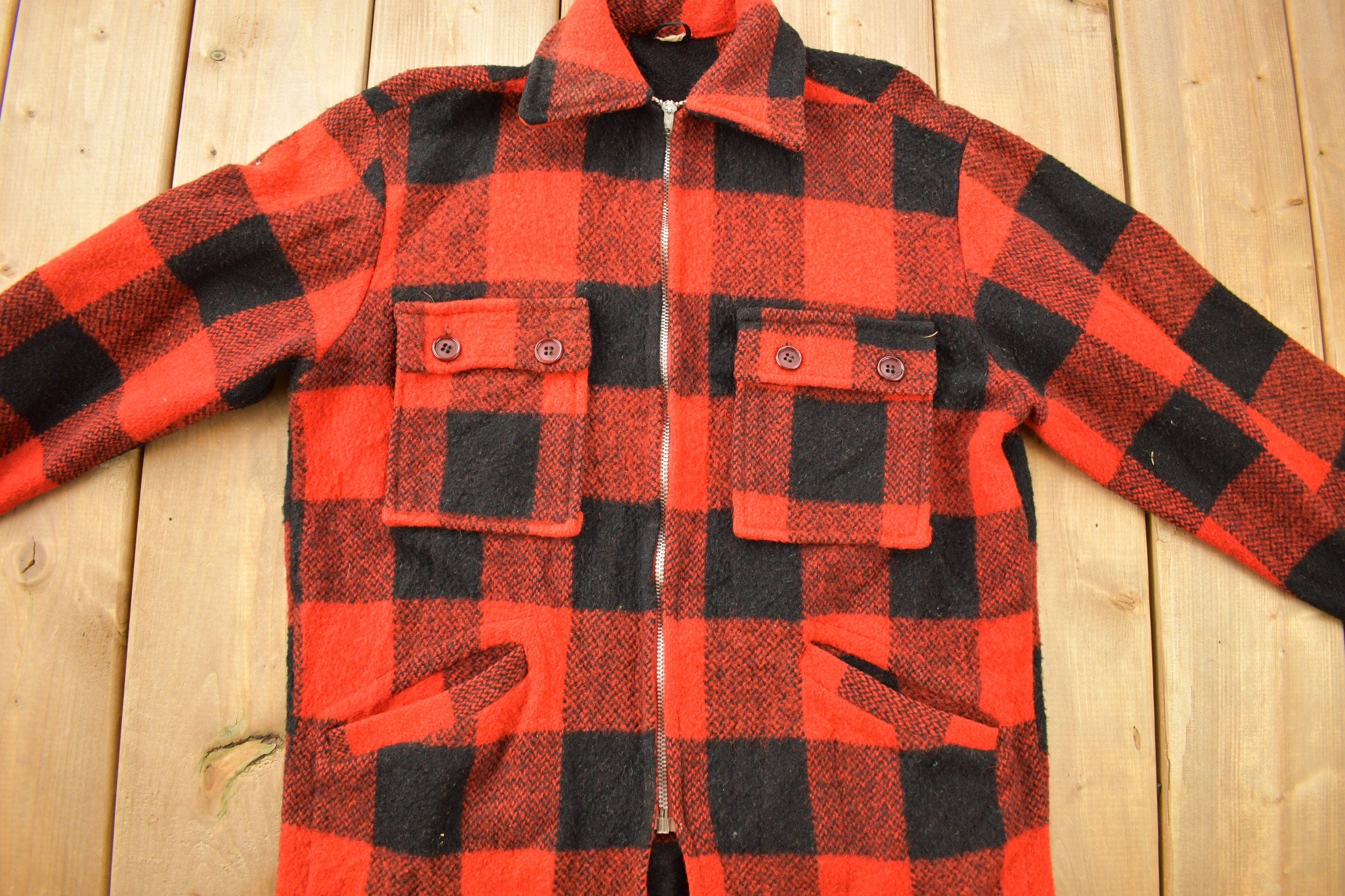 Vintage 1970s 100% Wool Buffalo Plaid Zip Up Jacket - Image 3