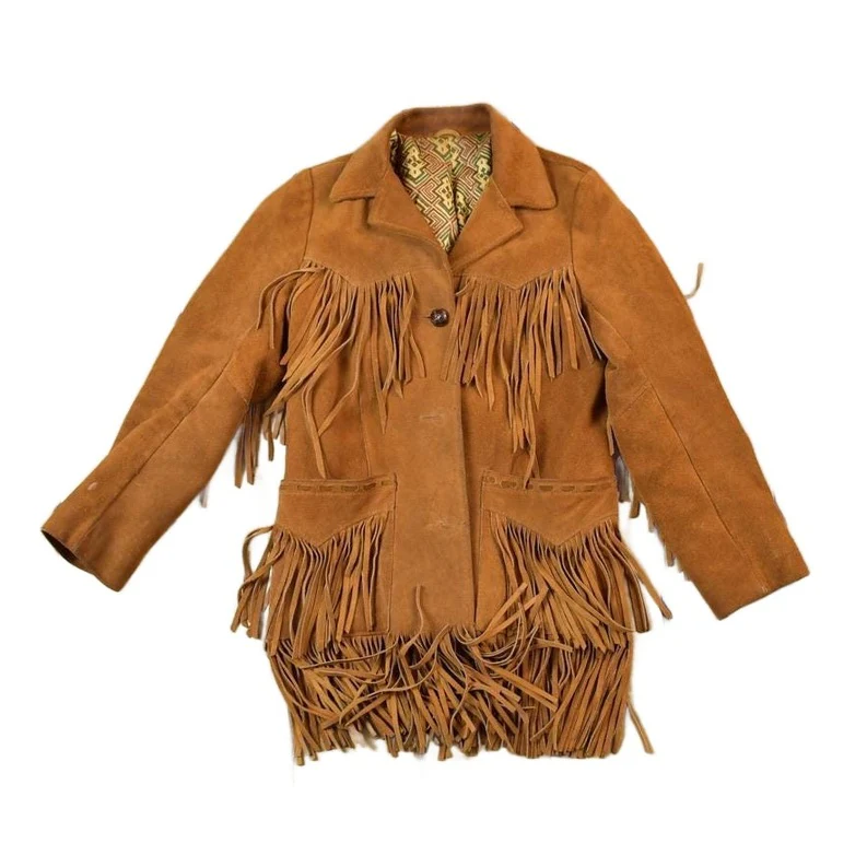 Vintage 1970s Aztec Pioneer Fringe Leather Western Jacket Women's S