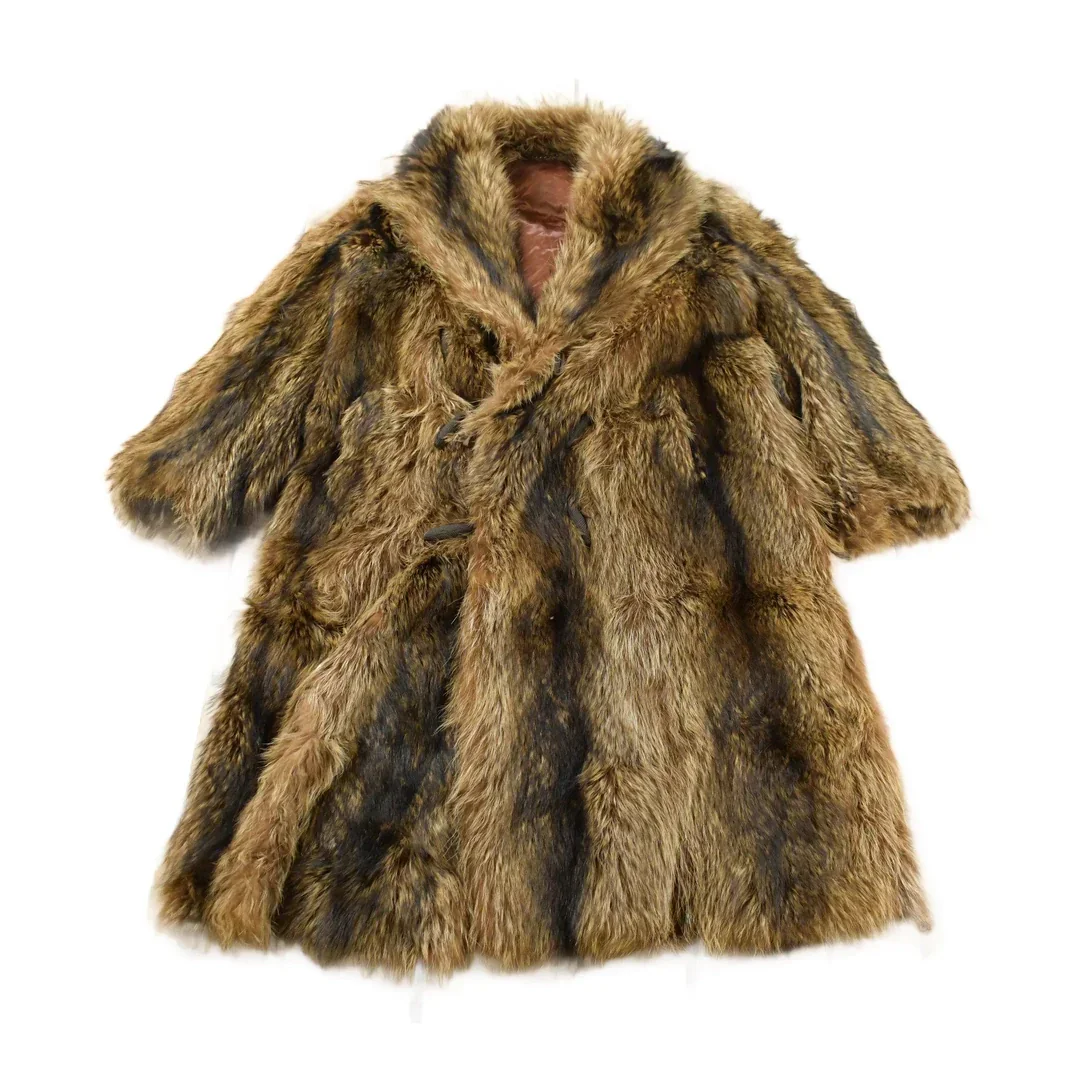 Vintage 1970s Brown Racoon Fur Plaid Lined Coat Men's Large