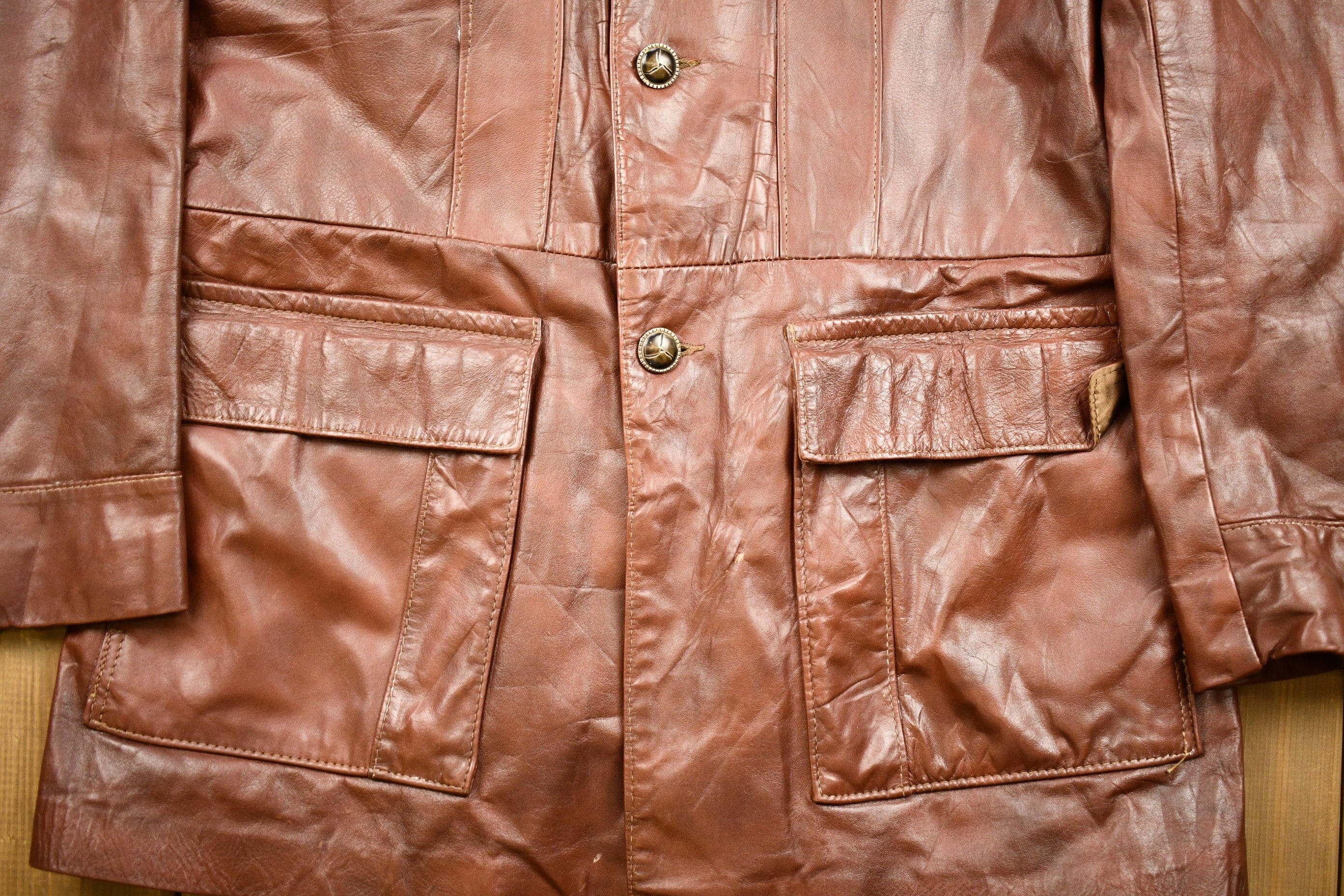 Vintage 1970s Burnt Orange Full Length Angel Skin Nappa Leather Trench Coat Men's Medium - Image 4