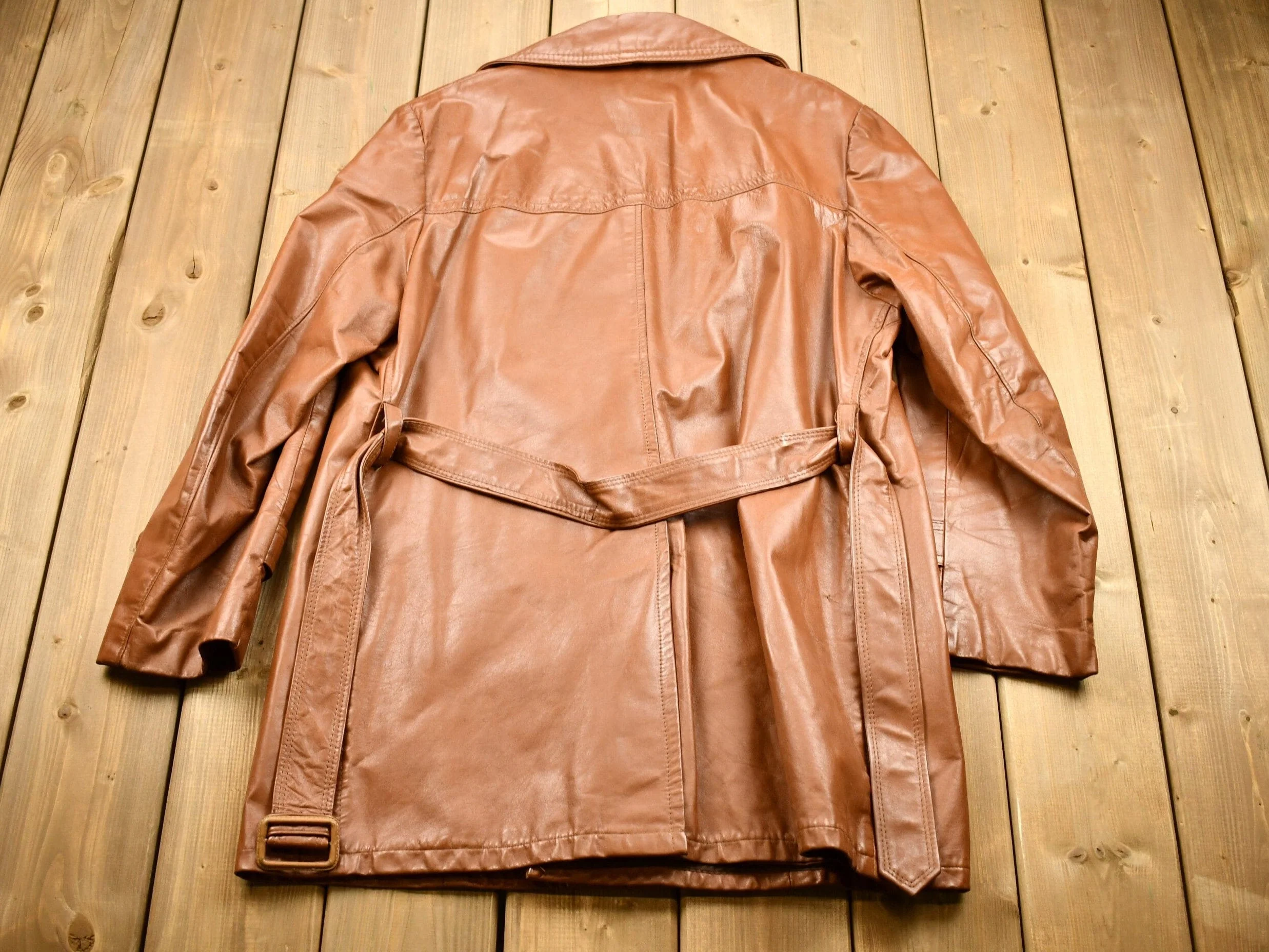 Vintage 1970s Burnt Orange Full Length Leather Trench Coat Men's XL - Image 3