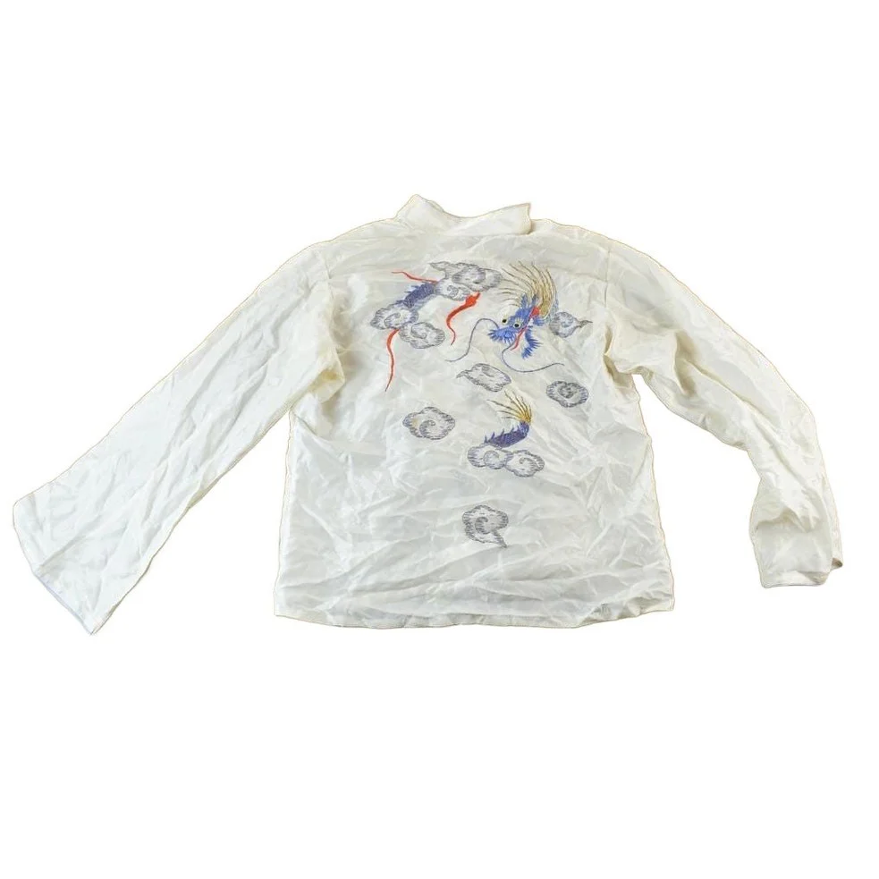Vintage 1970s Chinese Dragon Silk Button Up Shirt Men's Small