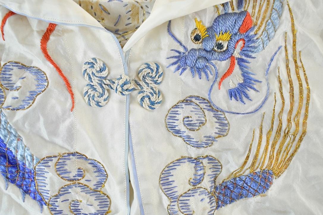 Vintage 1970s Chinese Dragon Silk Button Up Shirt Men's Small - Image 3