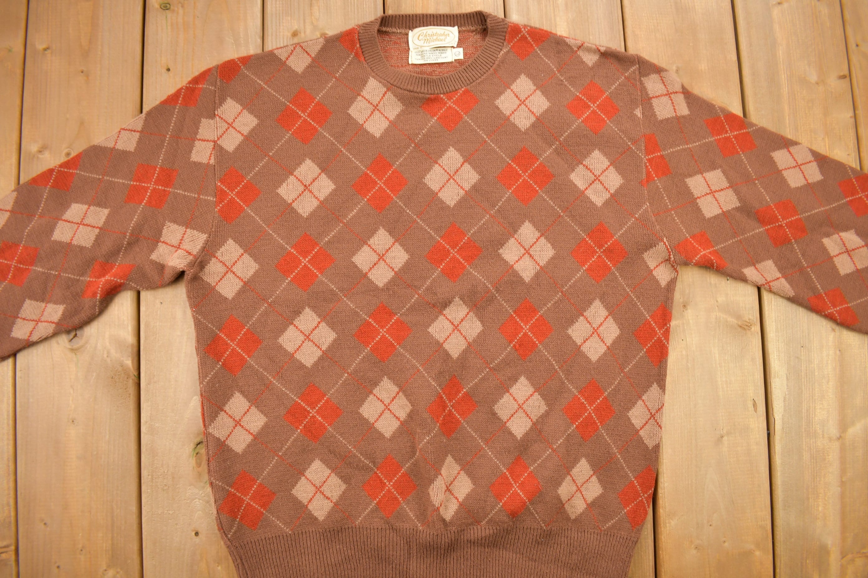 Vintage 1970s Christopher Michael Argyle Knitted Crewneck Sweater Men's Small - Image 3