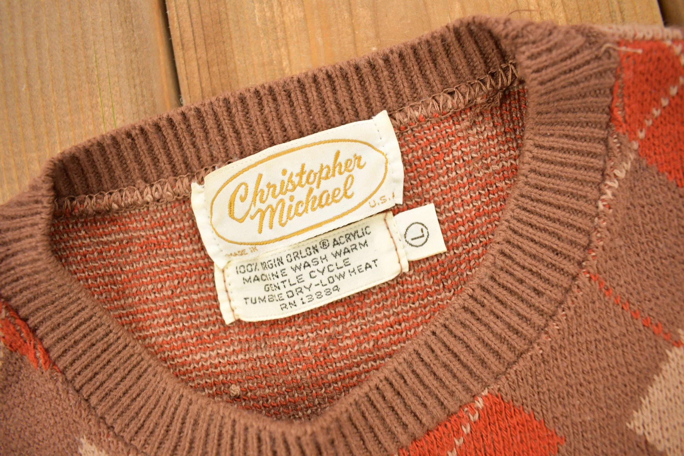 Vintage 1970s Christopher Michael Argyle Knitted Crewneck Sweater Men's Small - Image 4