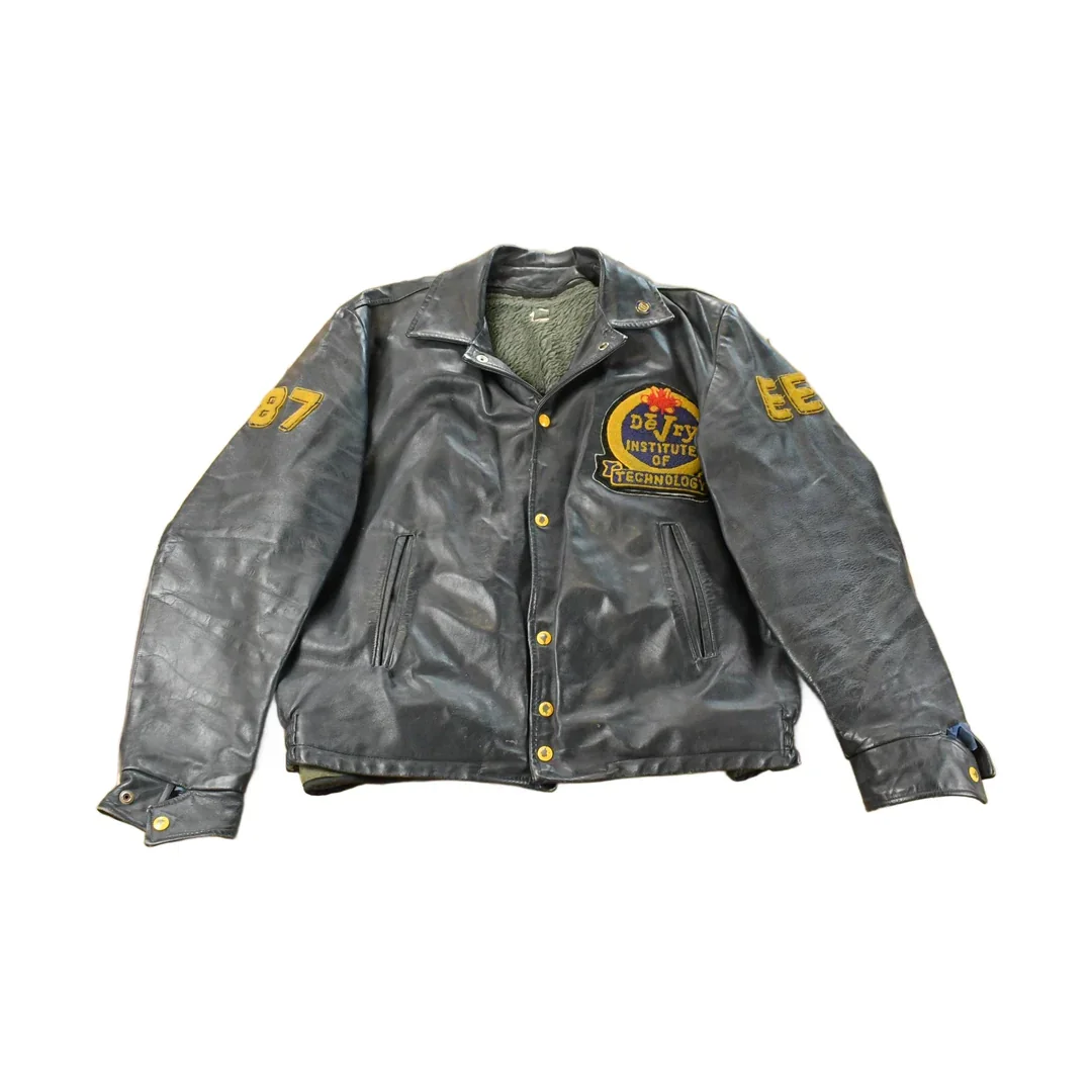 Vintage 1970s DeVry Institute of Technology Collegiate Lined Leather Jacket Men's Large