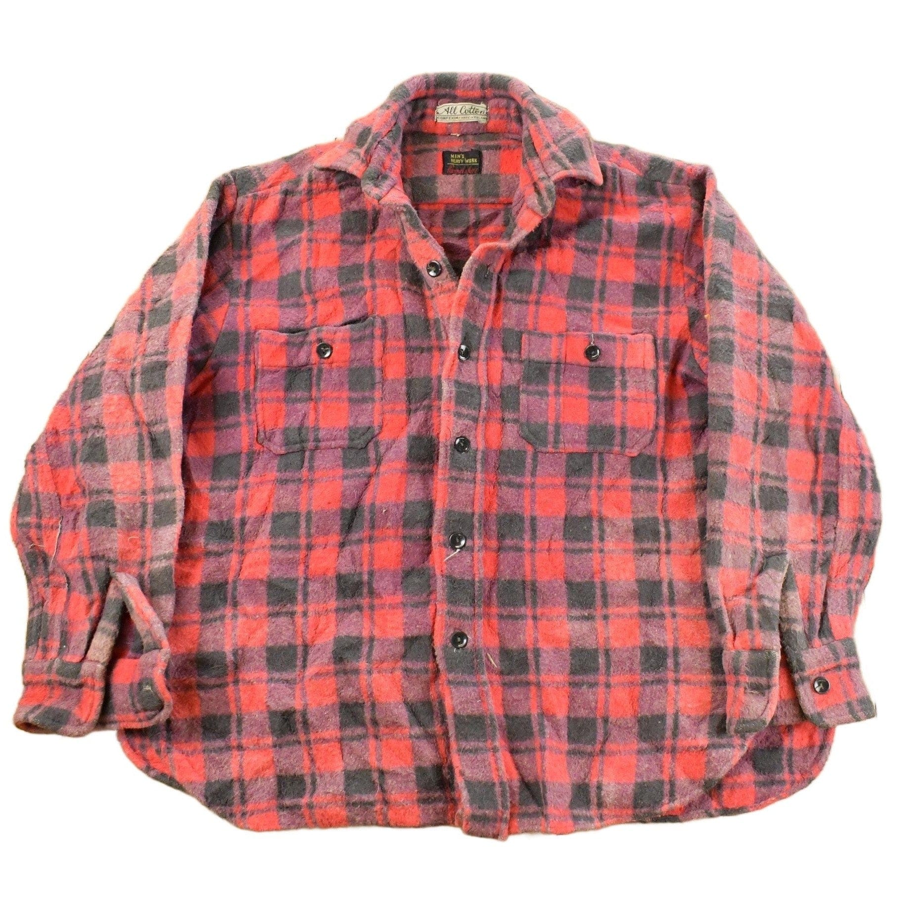Vintage 1970s Flannel Button Up Plaid Trucker Shirt Men's Large