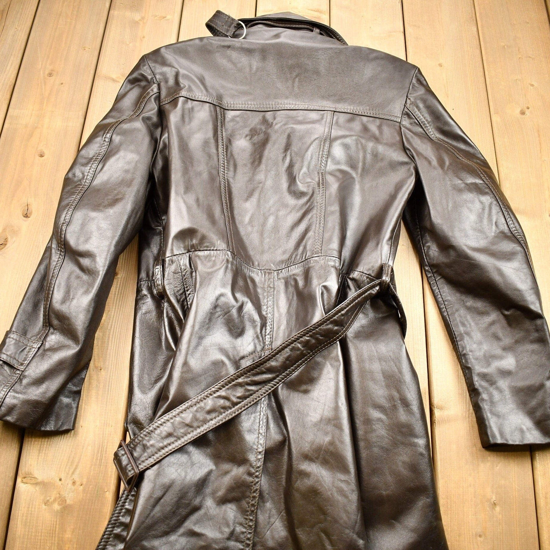 Vintage 1970s Full Length Brown Leather Trench Coat - Image 3