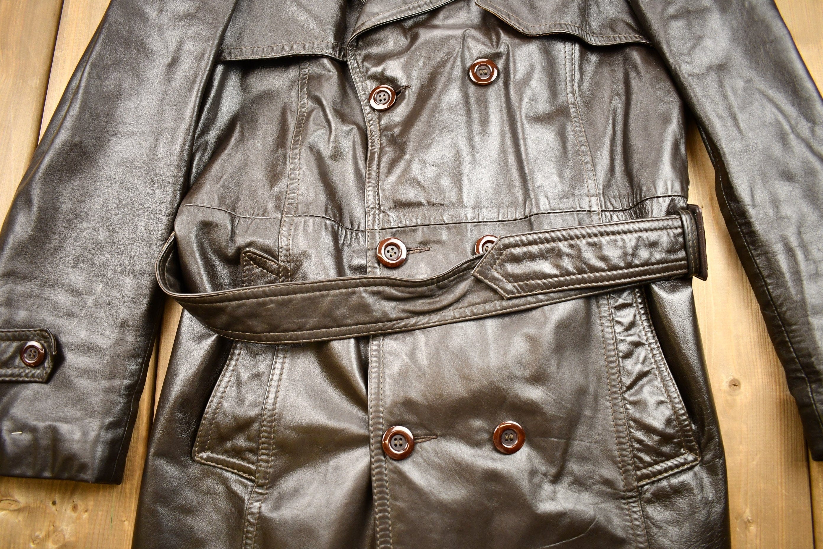 Vintage 1970s Full Length Brown Leather Trench Coat - Image 4