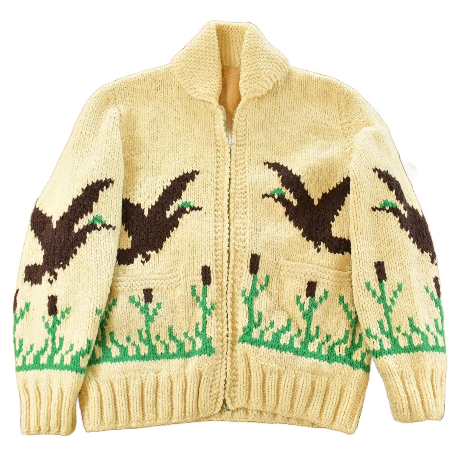 Vintage 1970s Hand-Knit Duck Birds Theme Wool Cowichan Sweater Men's Medium