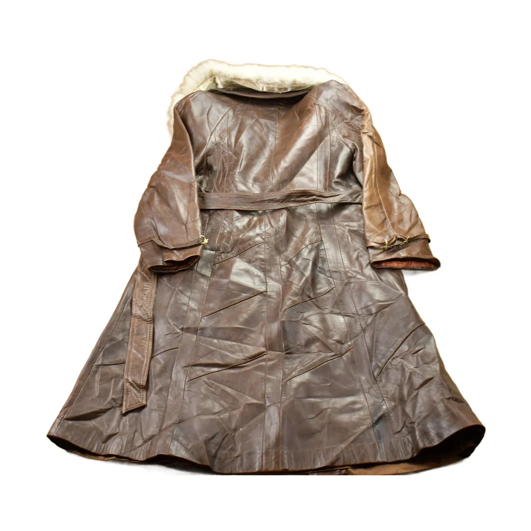 Vintage 1970s Leather Trench Coat With Fox Fur Collar Men's Small - Image 2