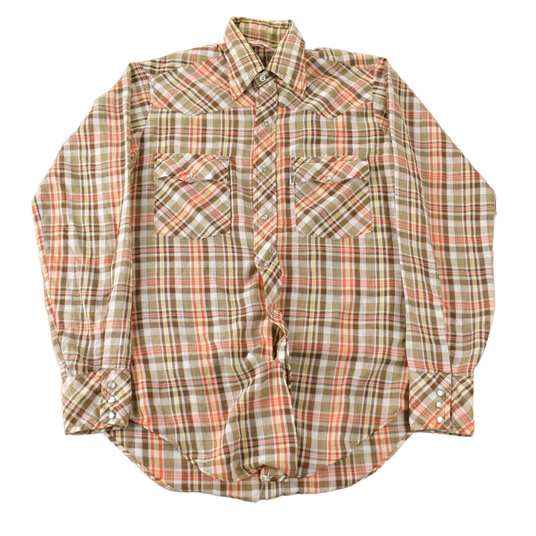 Vintage 1970s Levi's Pearl Snap Western Style Plaid Button Up Flannel Shirt Men's S