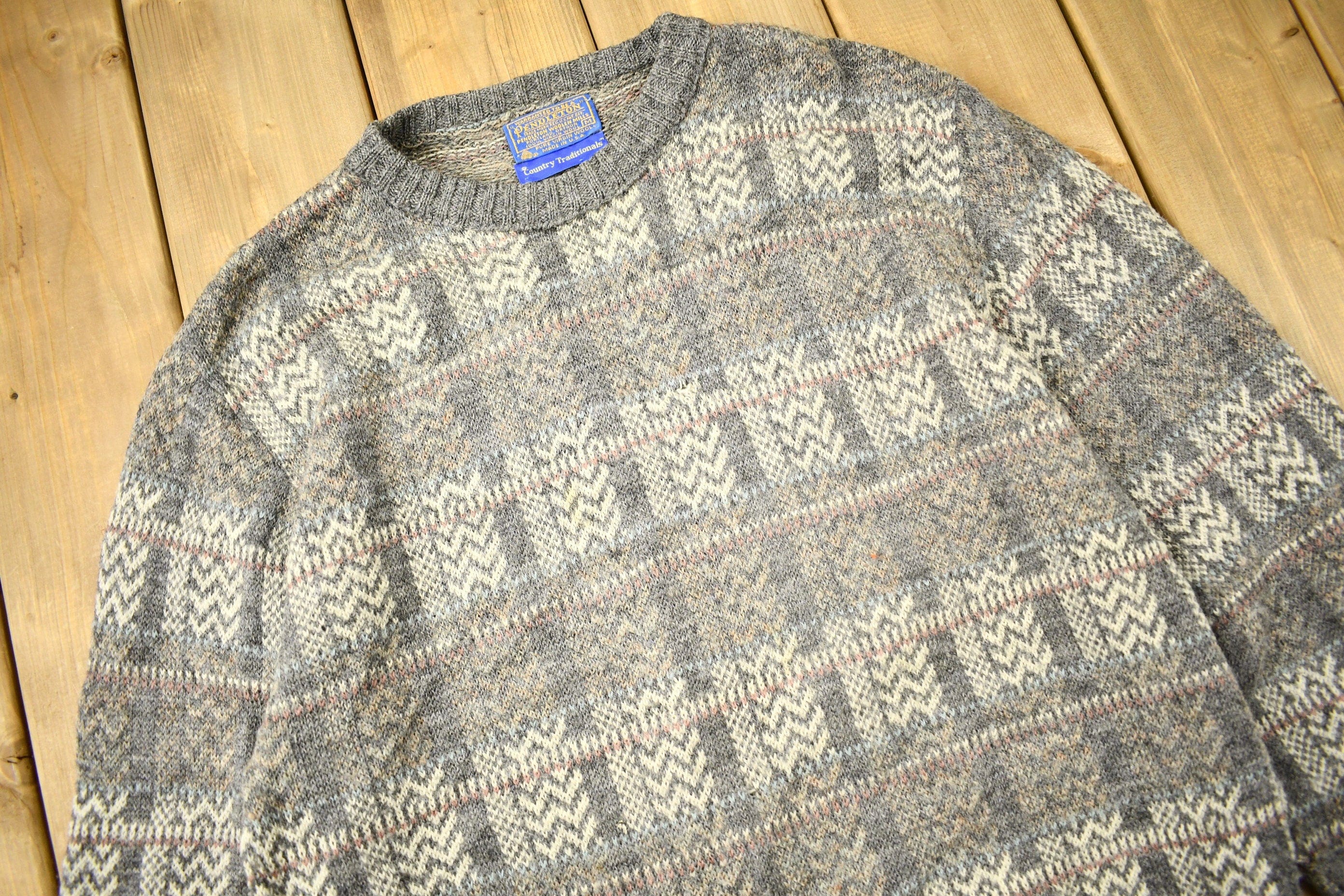 Vintage 1970s Pendleton Country Traditionals 100% Wool Knit Crewneck Sweater Men's Large - Image 3