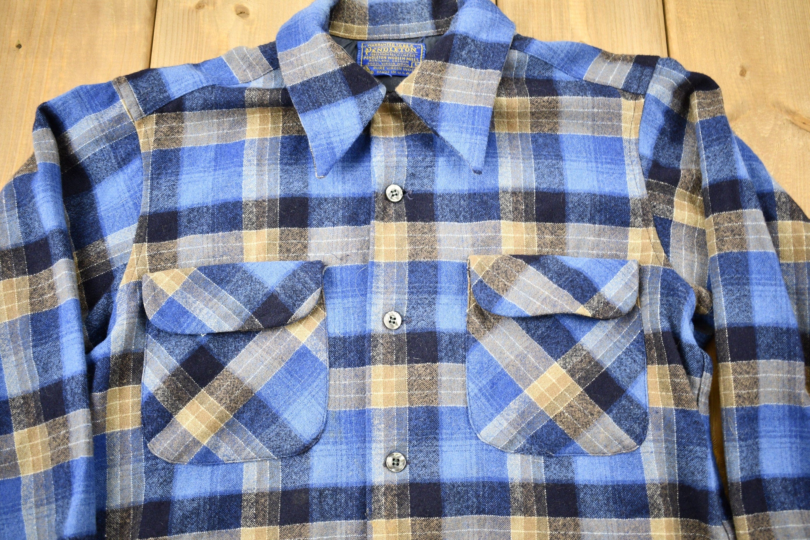 Vintage 1970s Pendleton Plaid Button Up Board Shirt Men's Medium - Image 3