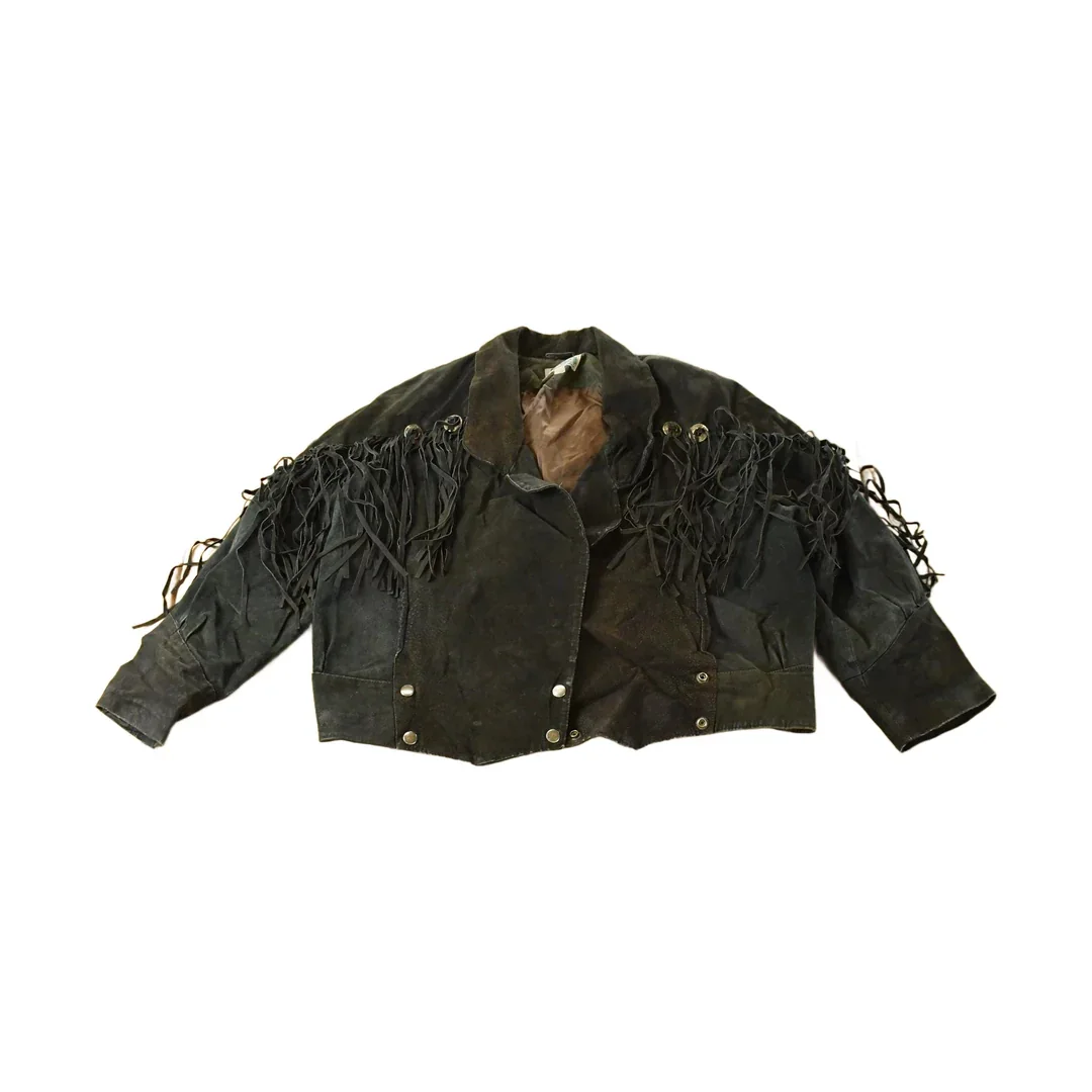 Vintage 1970s Sky Blue Waters Leather Suede Western Fringe Jacket Women's Large