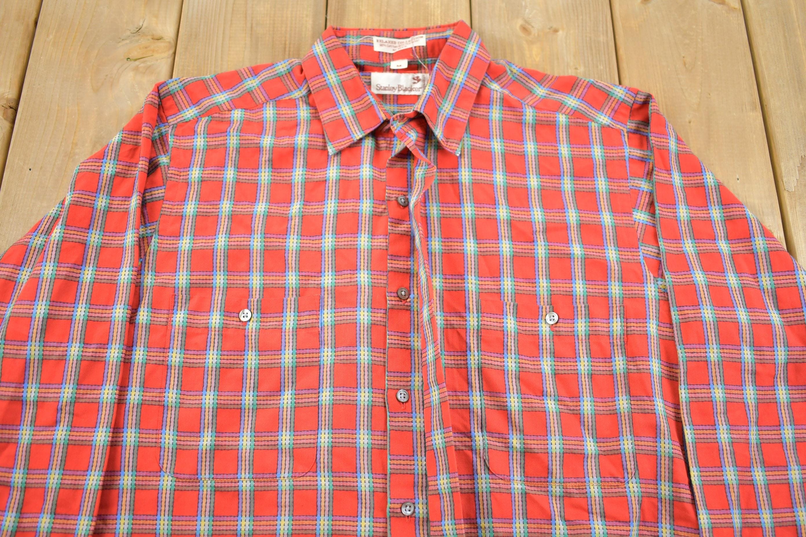 Vintage 1970s Stanley Blacker Soft Plaid Button Up Flannel Men's M - Image 5