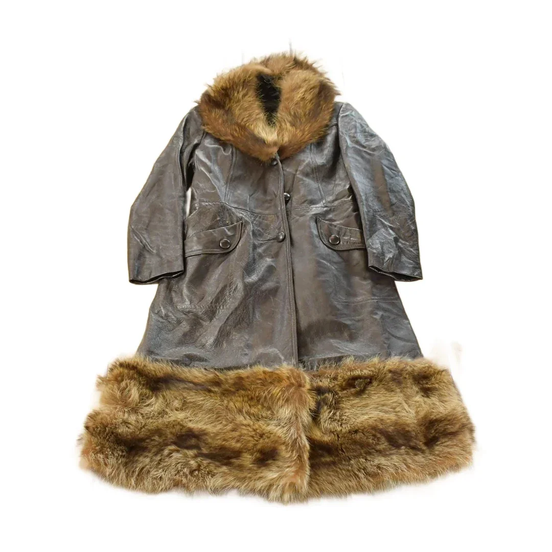 Vintage 1970s Trojan Leather Fur Collar Trench Coat Women's S