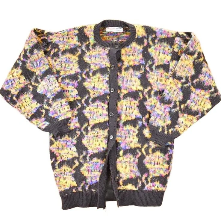 Vintage 1970s Wani Oswal Abstract Wool Knit Cardigan Sweater Women's S