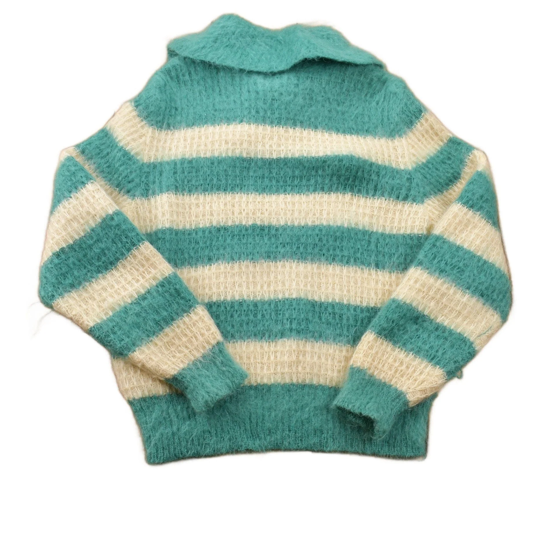 Vintage 1970s Wool Knit Bow Tie Green Beige Stripe Sweater Men's S - Image 2