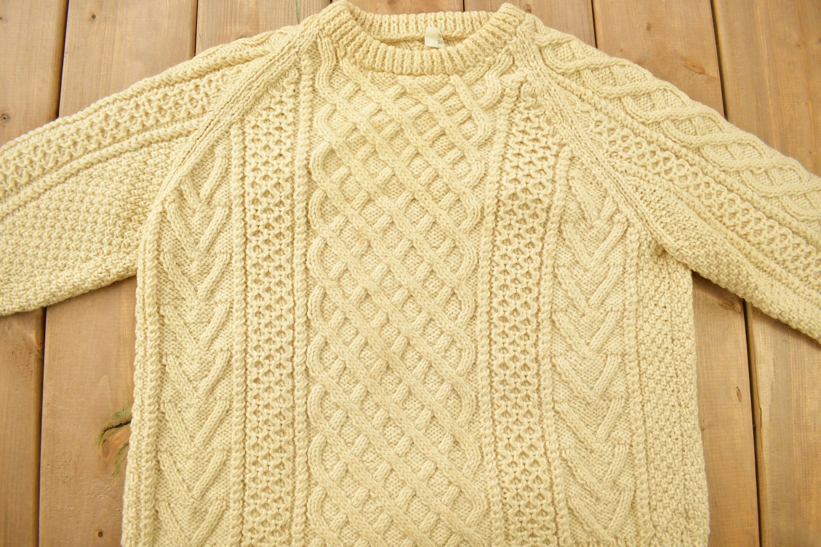 Vintage 1980s 100% Wool Cable Knit Crewneck Sweater - Image 3