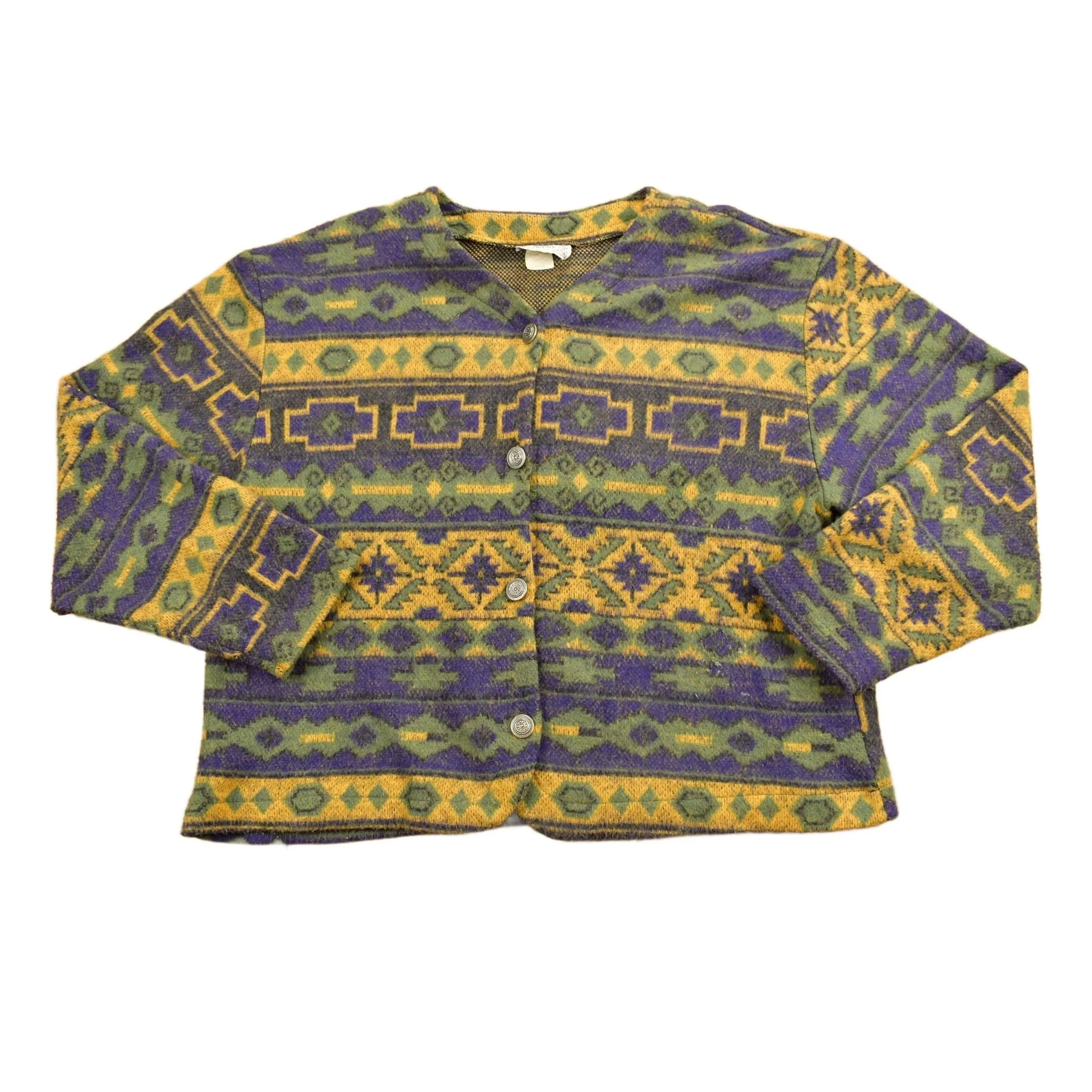 Vintage 1980s Ashly Brent Knitted Cardigan / Vintage 80s Cardigan / Pattern Sweater / Outdoorsman / Winter / Abstract Design