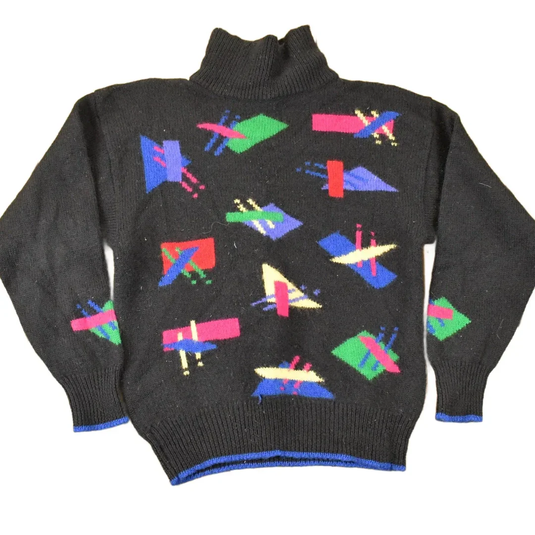 Vintage 1980s Aston Abstract Wool Knit Turtleneck Sweater Mens S